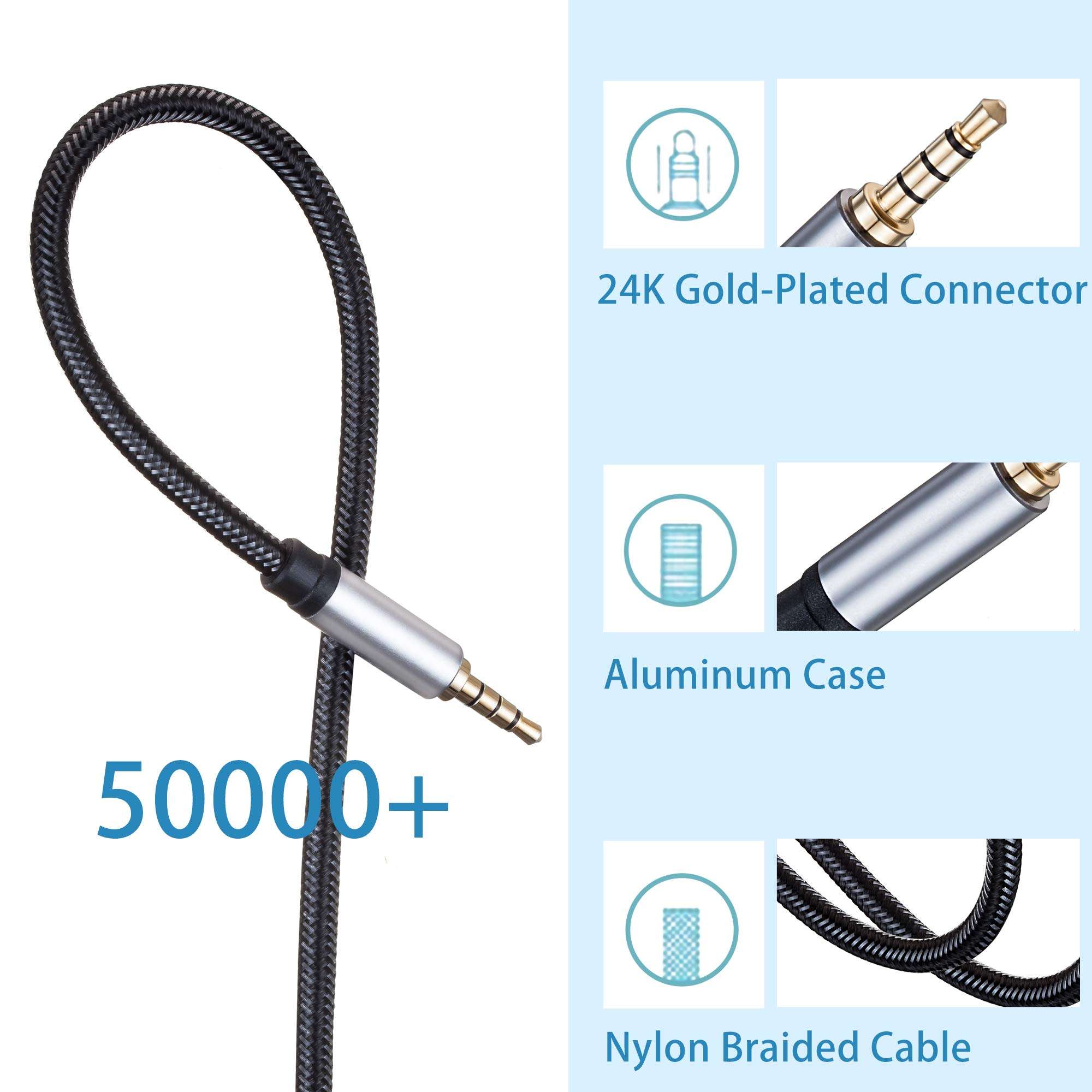 Jelly Tang Male to Male Audio Cable 30Ft,3.5mm 4 Pole Nylon Braided Stereo Aux Cable/Auxiliary Cable/Aux Cord for Headphones, PS4,Phone, Tablets, Headset, PC, Laptop and More(30Ft/10M) 6