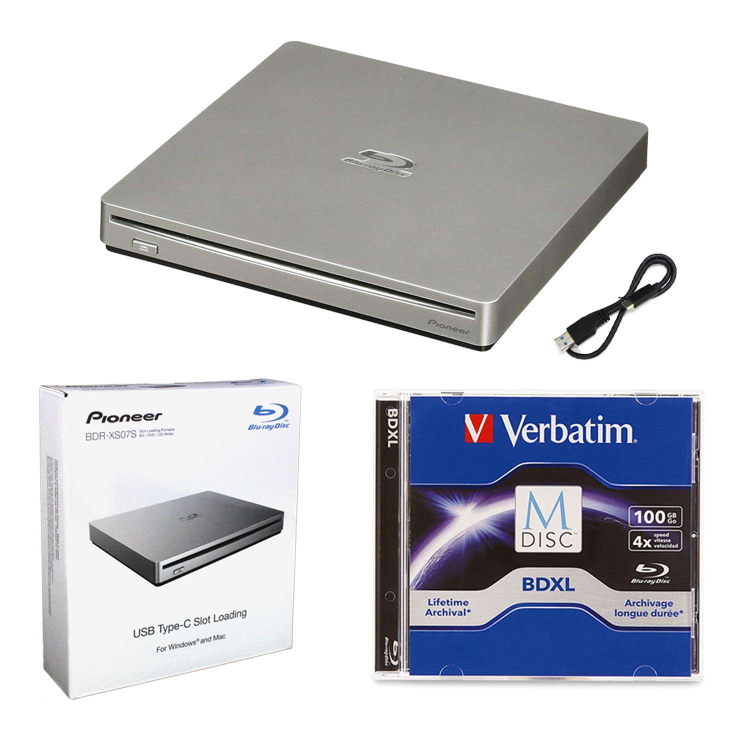 Pioneer BDR-XS07S Portable 6X Blu-ray Burner External Drive Bundle with 100GB M-DISC BDXL and USB Cable - Burns CD DVD BD DL BDXL Discs 1