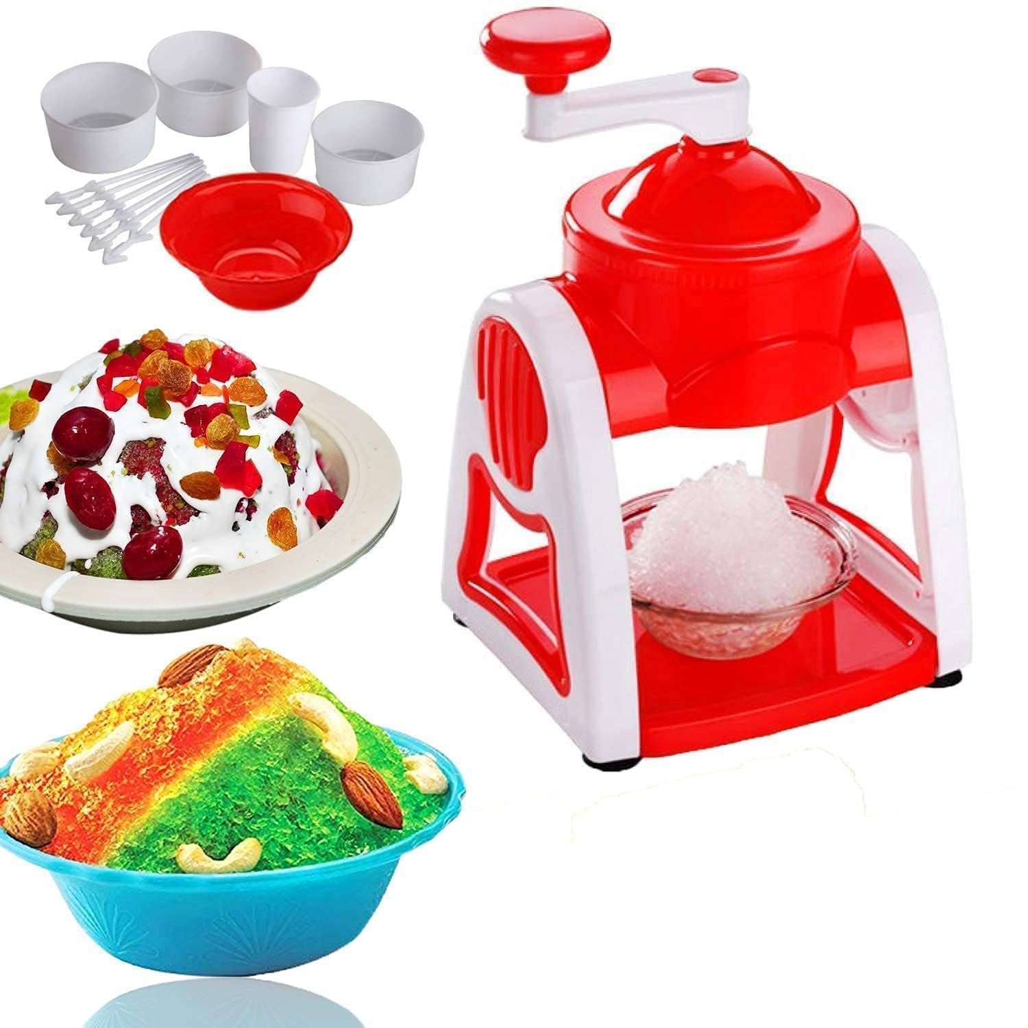 VENQUER Manual Ice Gola Maker and Ice Crusher, Snow Cone and Slush Maker Machine with Sharp Blades, Red and White, Includes 3 Bowls, 1 Glass, 6 Sticks and Serving Dish 1