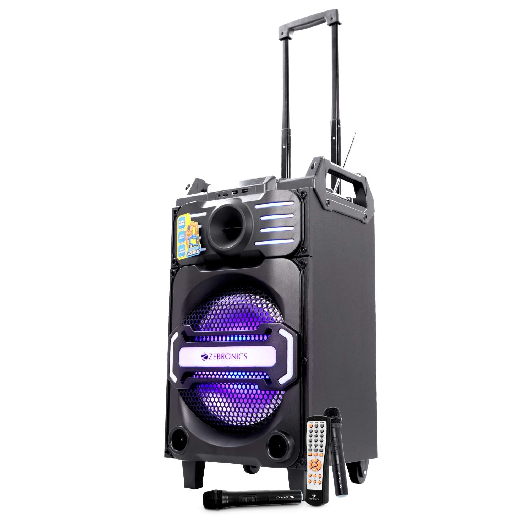 ZEBRONICS Octane Trolley Party DJ Speaker, 48 Watts, Supports Dual Bluetooth, Dual USB, mSD, AUX, Karaoke Function, Two Wireless Mic, DJ Mixer Control, 5 Band Equalizer 1