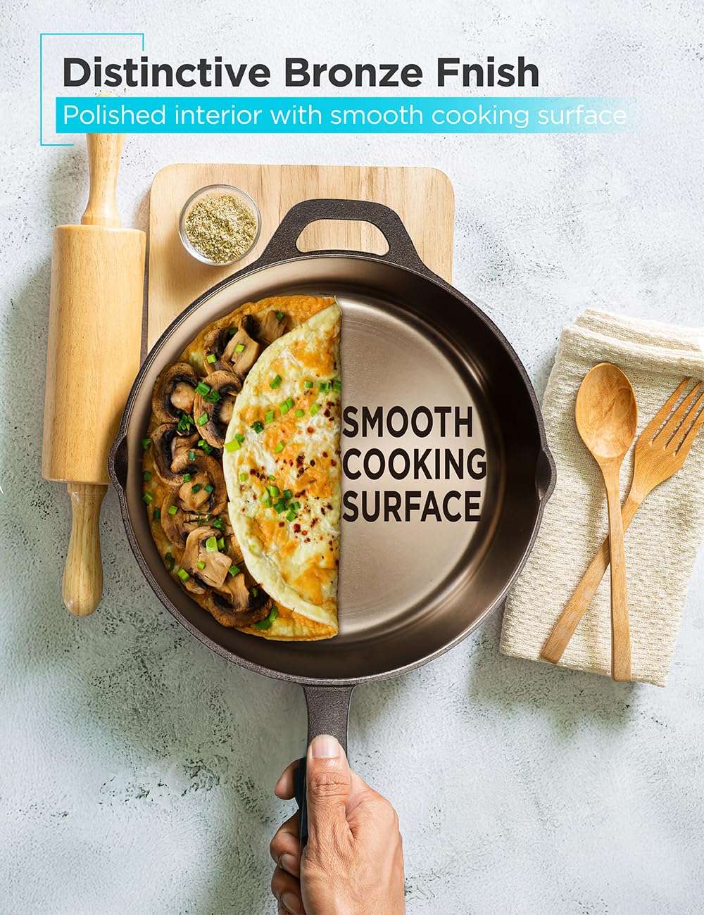 BLACK+DECKER 10.25" Cast Iron Skillet, Pre-Seasoned Frying Pan with Bronze Finish, Polished Interior, Cast Iron Pan Works on All Cooktops Including Induction, Oven & Grill Safe, BDK201BR, Bronze 4