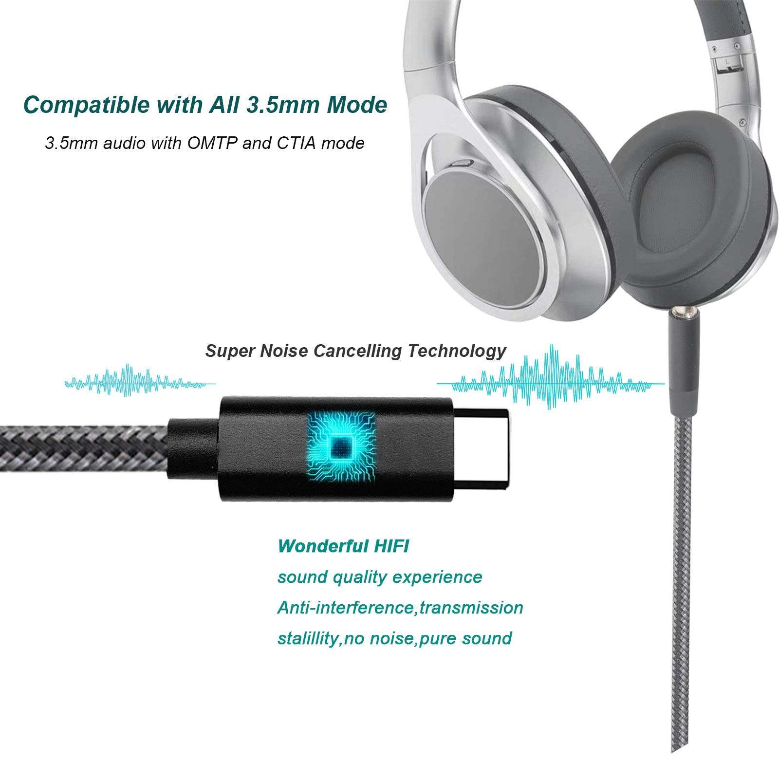 USB-C to 3.5mm Headphone Jack Cable, USB Type-C to 3.5mm Adapter Nylon Cable [DAC Hi-Res] Compatible with iPad Pro New 2018,Pixle 2/XL/3,HTC,Samsung S8/S9/Note 8-3 Feet Black 4