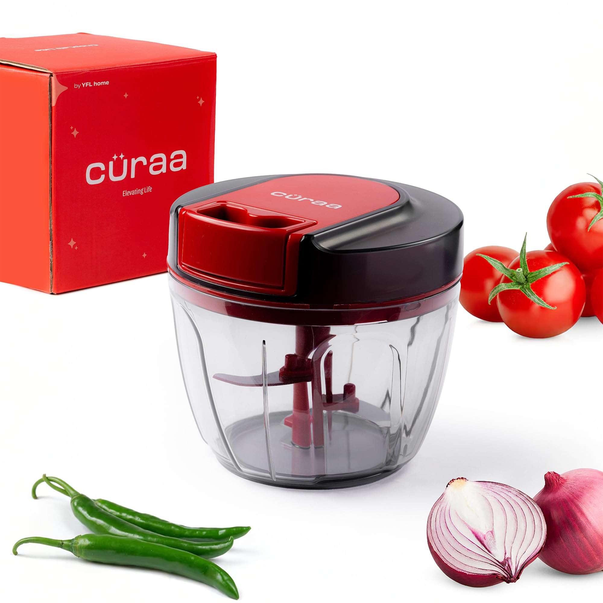 Cüraa ChopLab Lite Manual Chopper | 650 ml Portable Vegetable Chopper| Mini Chopper for Kitchen with Stainless Steel Blades for Chopping Onion, Ginger, Garlic, Vegetables, Herbs, Nuts | Red