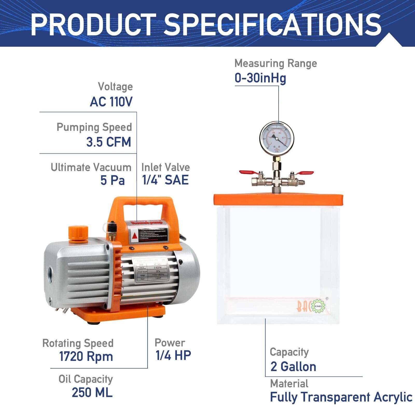 BACOENG 2Gal Acrylic Vacuum Chamber & 1.5Gal Glass Lid Vacuum Chmaber with Pump 4
