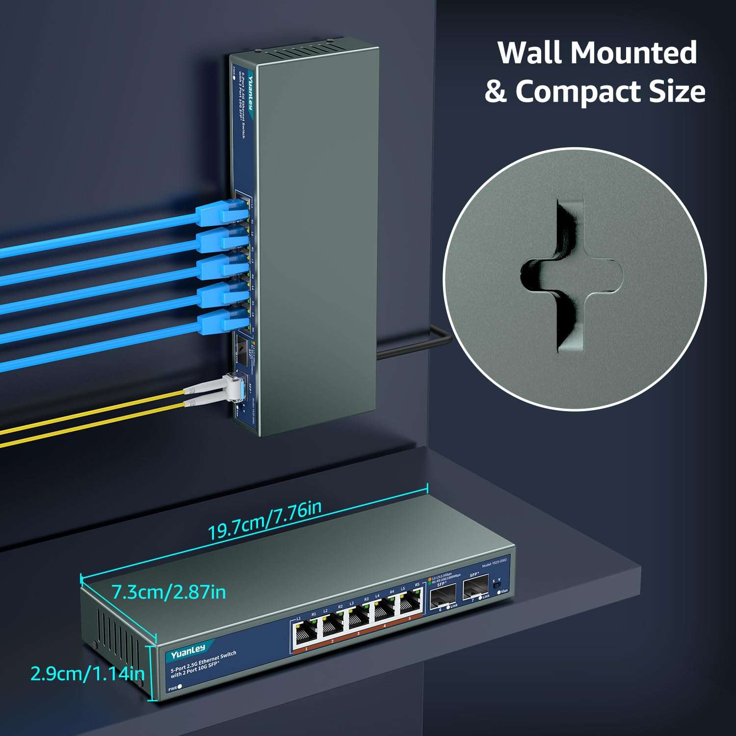7 Port 2.5G Unmanaged Ethernet Switch, 5 x 2.5G Base-T Ports, 2 x 10G SFP, Compatible with 100/1000/2500Mbps, VLAN, Fanless, Desktop/Wall Mount YuanLey 2.5Gbe Network Switch for Wireless AP, NAS, PC 6