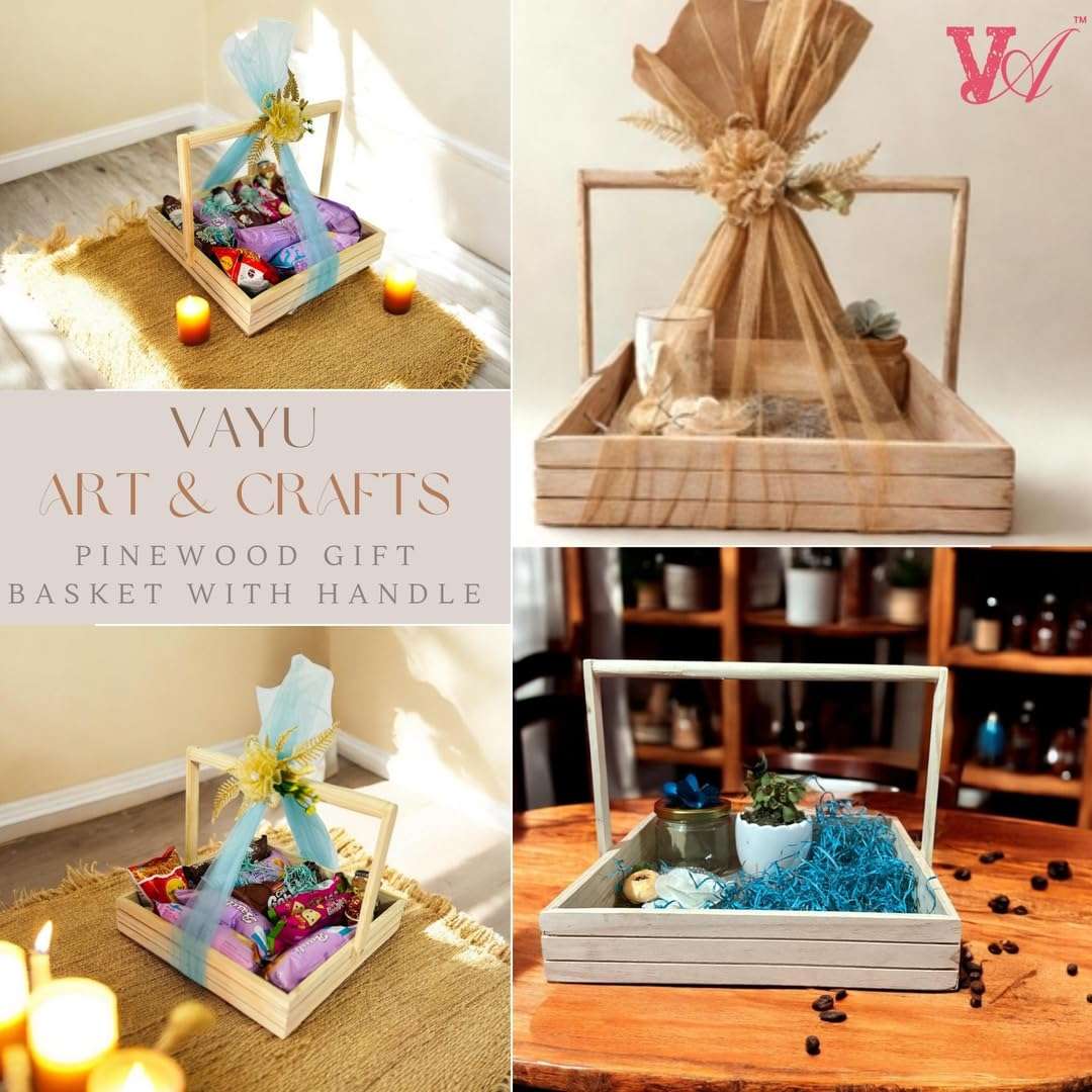 Vayu Art & Crafts Pinewood Gift Packaging Gift Hamper Basket with Handle (12x12x2.25"), 30x30x6 CM 6