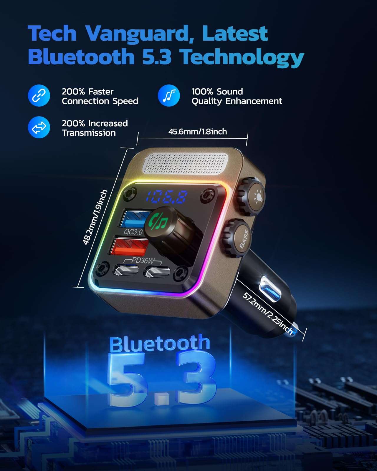 Nulaxy 54W Bluetooth 5.3 Car Adapter with 4 Charging Ports [PD 36W & QC3.0 18W], Wireless Radio FM Transmitter with Deep Bass Player & 5 Colors LED Backlit, Hands-Free Calling - Gold 5