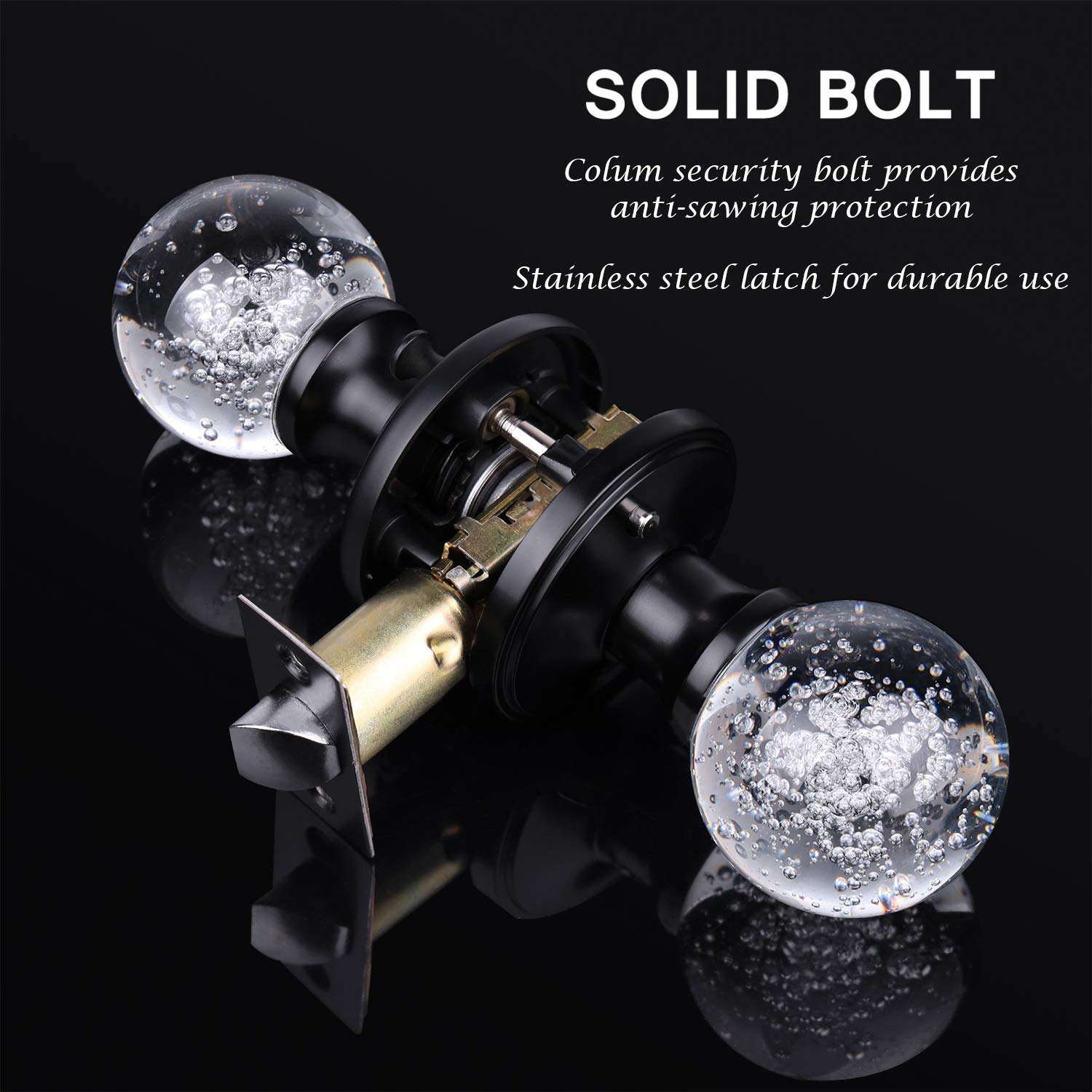 KNOBWELL 3 Pack Crystal Door Knobs with Lock Matte Black Door Knobs Keyless Round Interior Door Knobs Privacy Glass Door Knobs 5