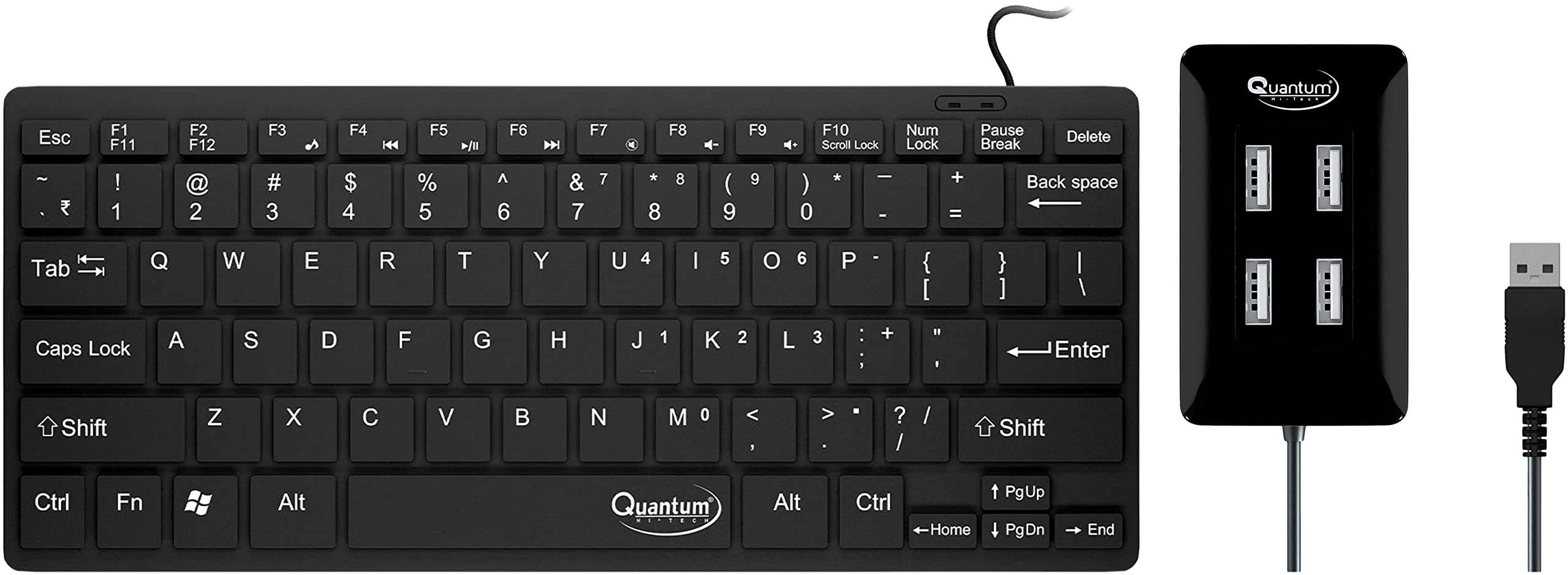 Quantum Mini USB Wired Keyboard Slim Design with Chiclet Keys & QHM6633 4-Port Hi-Speed USB Hub with 480 Mbps Speed, Charging Function, Pocket Sized with 75cm Cable Compatible with Laptop, Desktop