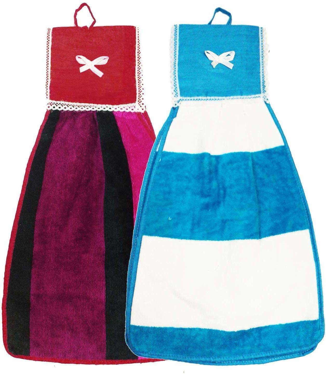 VORDVIGO Double Sided Printed Soft Cotton Hanging Hand Towel Napkin for Wash and Kitchen Basin (Multicolor) - Pack of 2 1