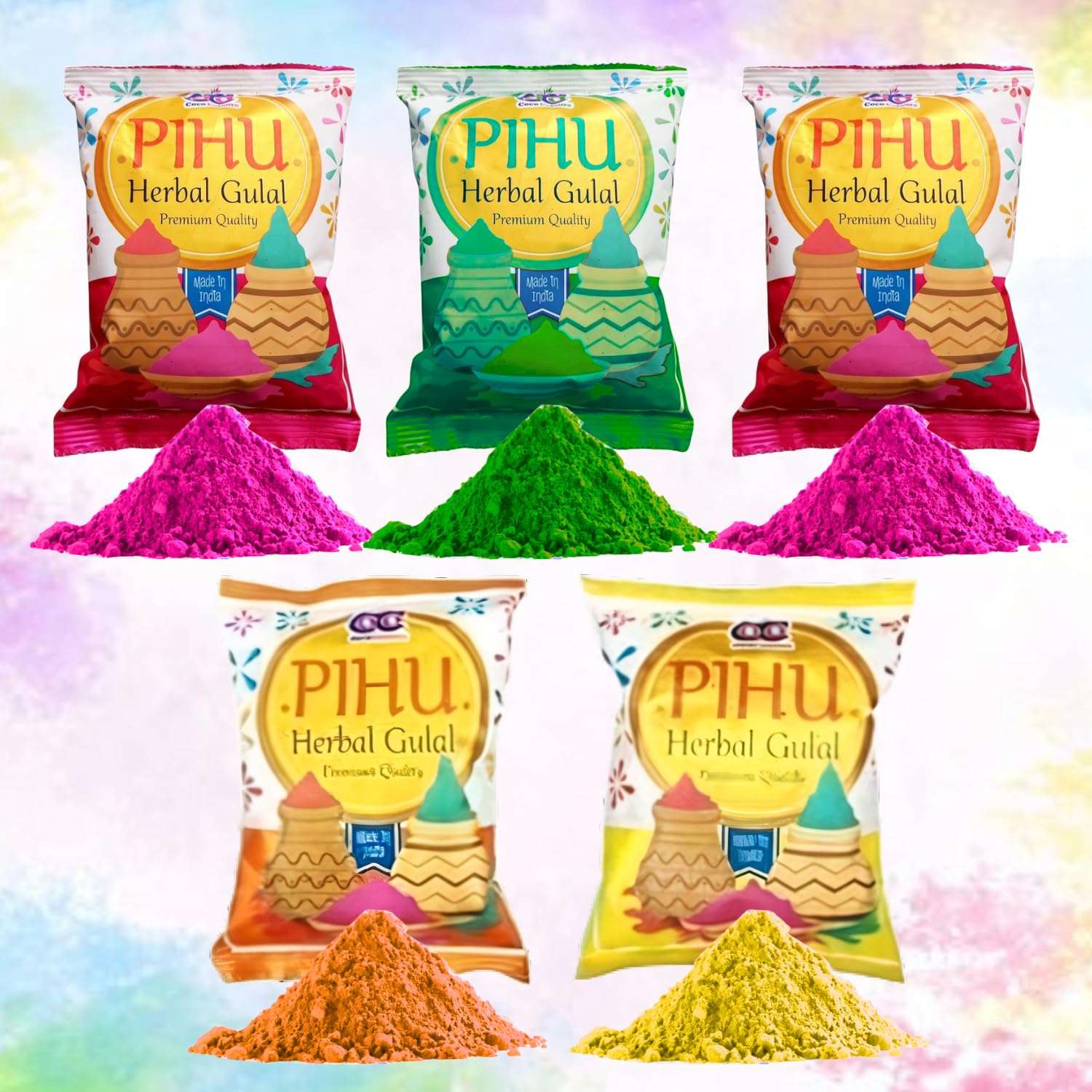 DRYPHON Herbal Gulal Holi Colors Pack of 5 Organic Holi Colours for Holi Celebration | Skin Friendly Natural Gulal for Holi | Non-Toxic, Chemical-Free, Vibrant Long-Lasting Colors 1