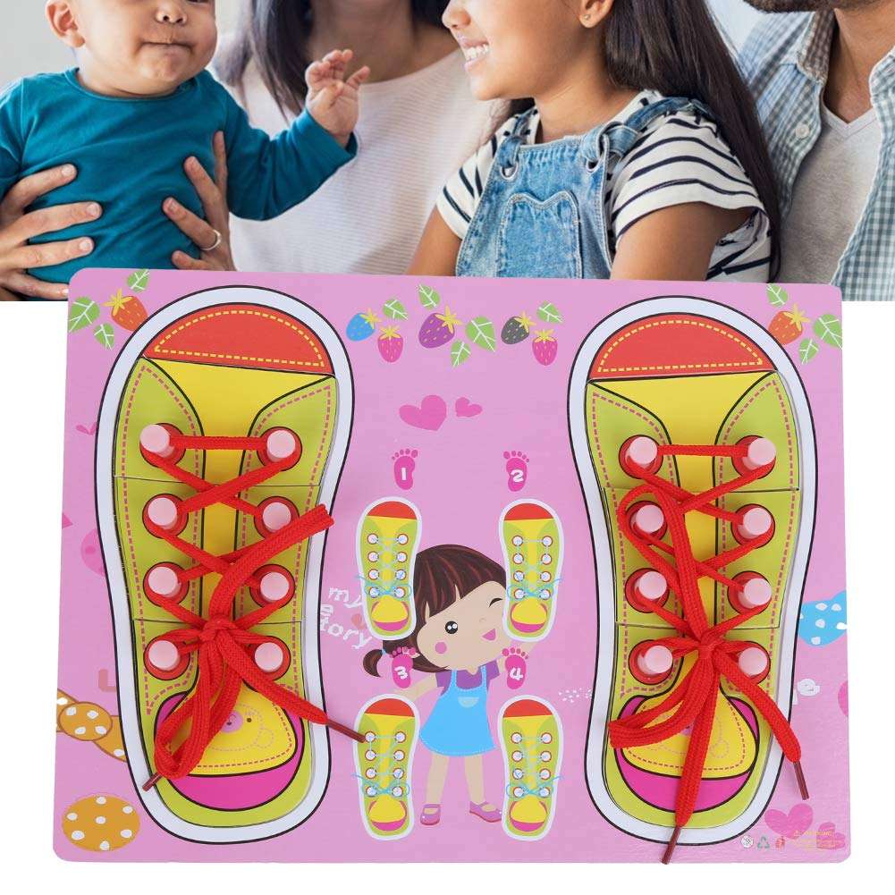 Wooden Shoelaces Threading Toy, Educational Shoe Lacing Toys, Threading Teaching Thick Learning to Tie Shoes Toddlers for Baby Kids(QZM-Pink Laces) 3