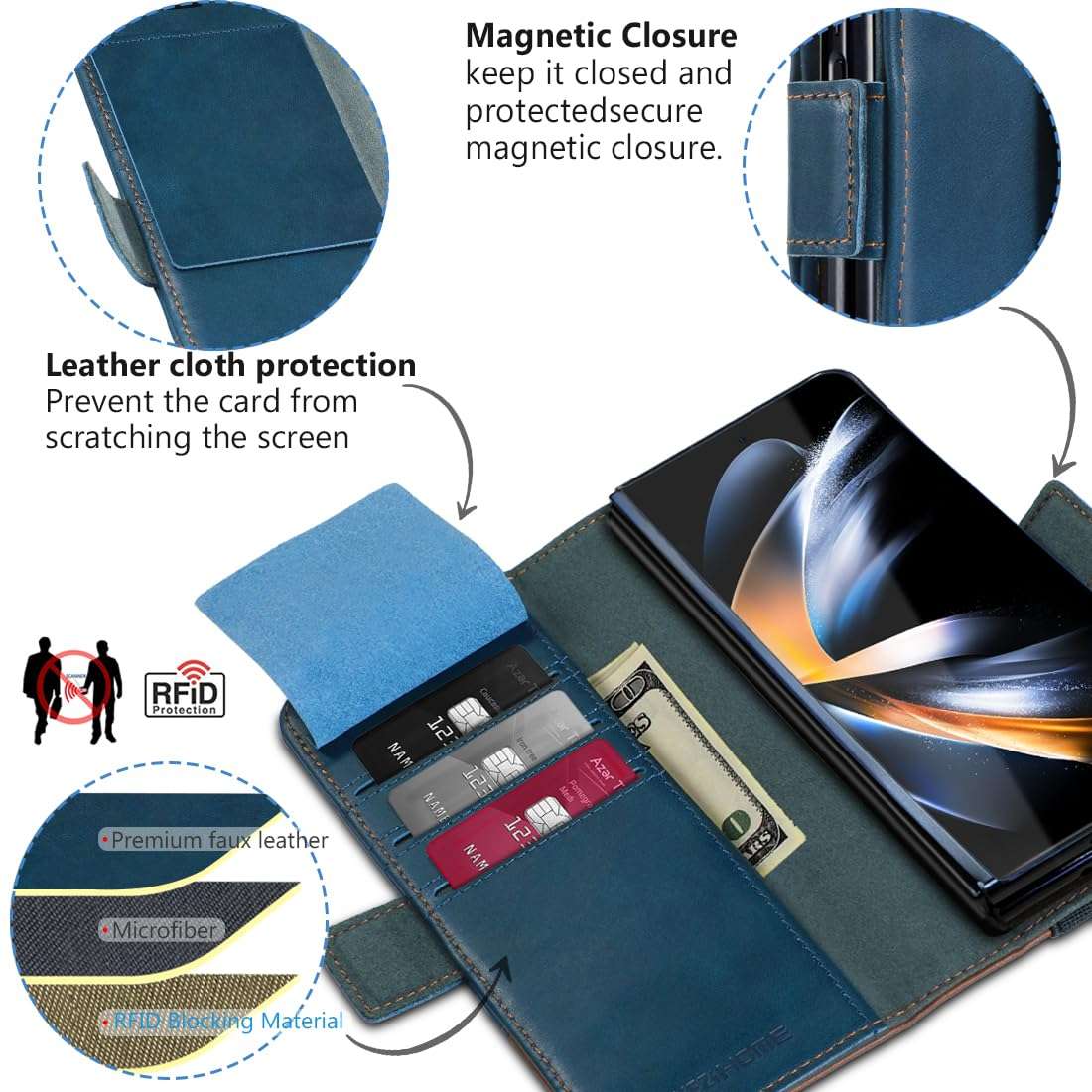 KEZiHOME for Samsung Galaxy Z Fold 5 Case, Genuine Leather Wallet Case [RFID Blocking] with Card Holder Stand Shockproof Protective Phone Flip Cover Compatible with Galaxy Z Fold 5 4