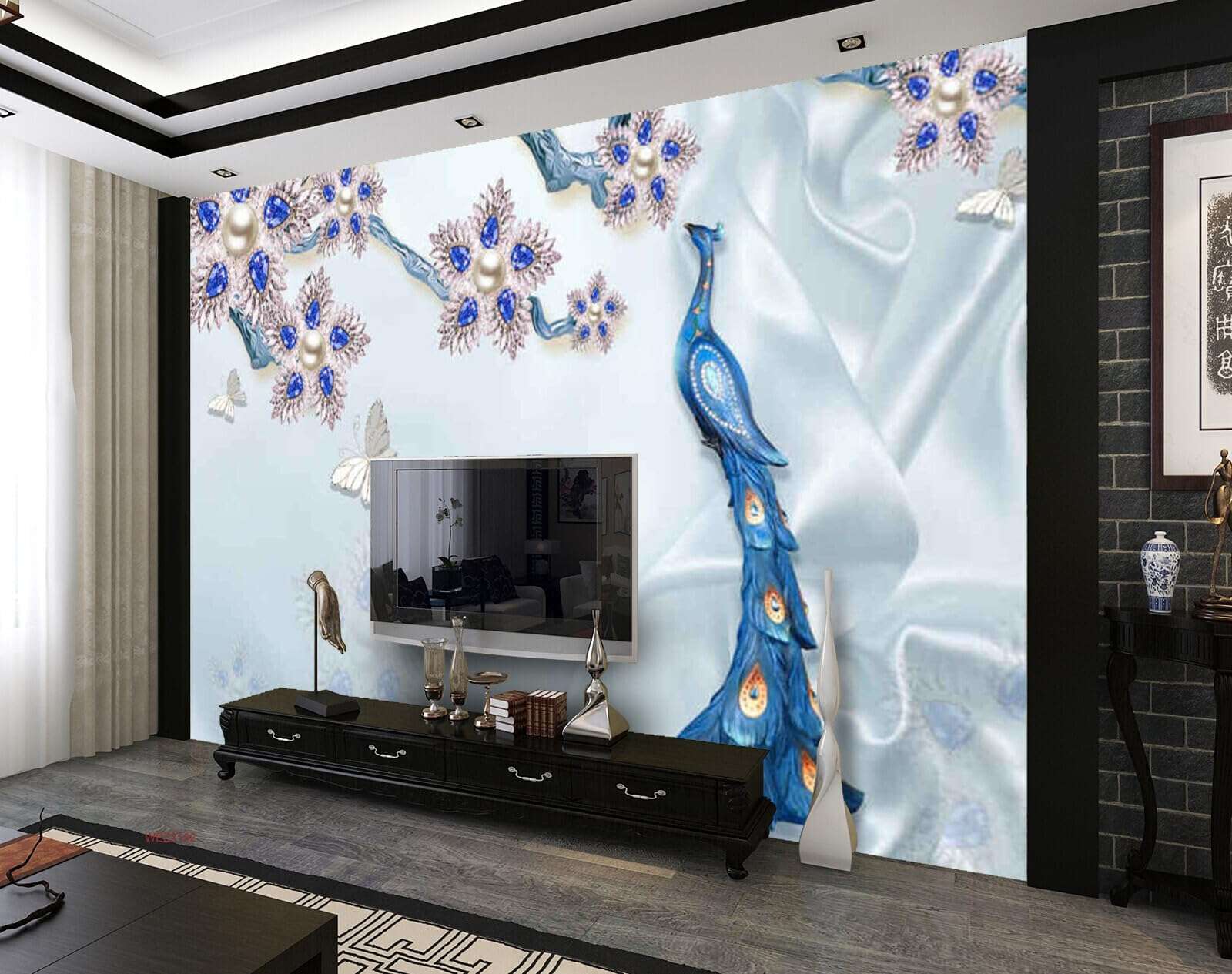 Wall26 - WEZ2132 Beautiful Flowers Jewellery Peacock Plan Butterflies Designed Jewelry Coquette Flower HD 3D Wall Sticker[8 ft x 6 ft] / [244 cm x 183 cm] 5