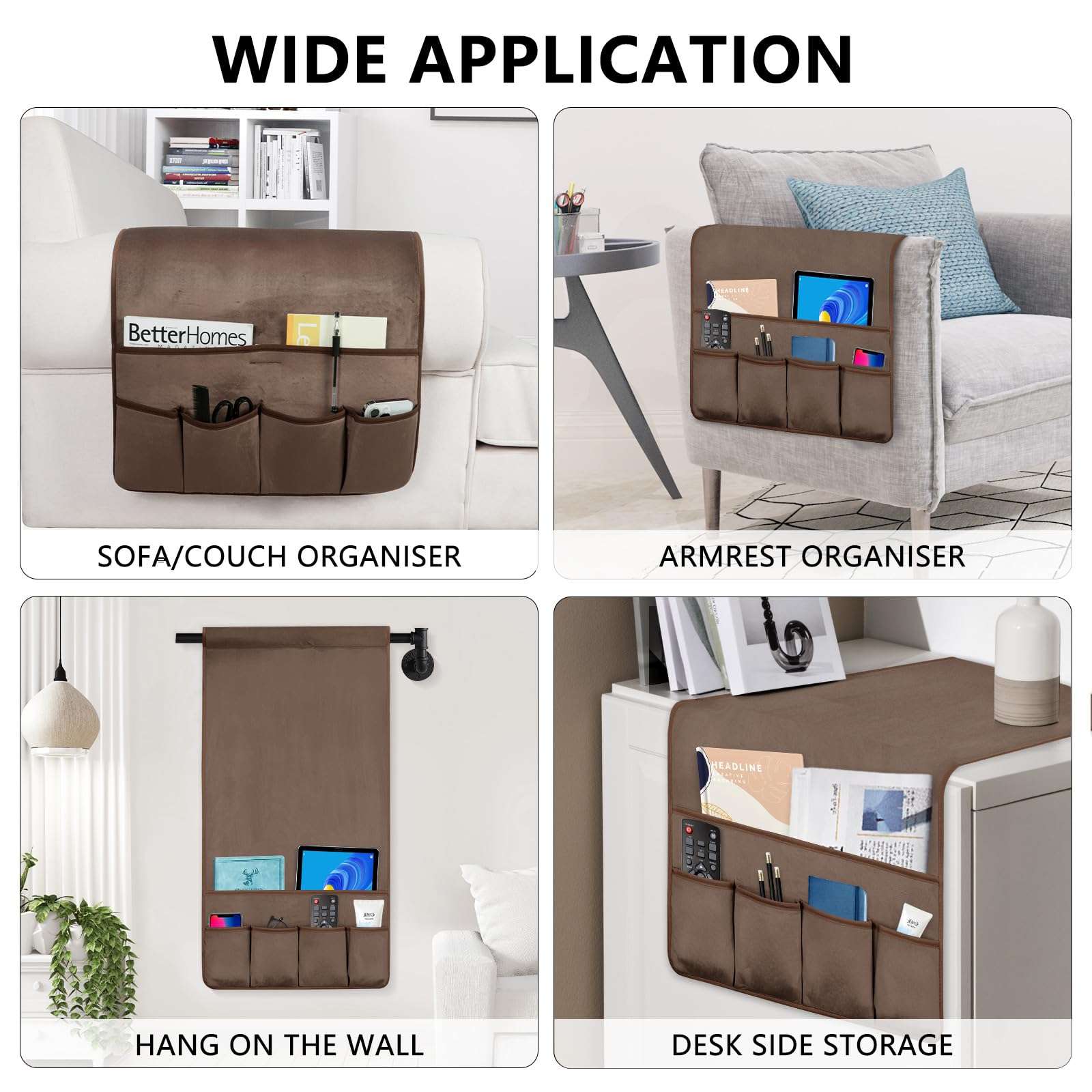 WETRBWEH TV Remote Control Holder Couch Caddy, Non-slip Bedside Caddy Organizer with 5 Pockets for Key Glasses Phone Magazine Holders (Brown, 35''x18'') 6