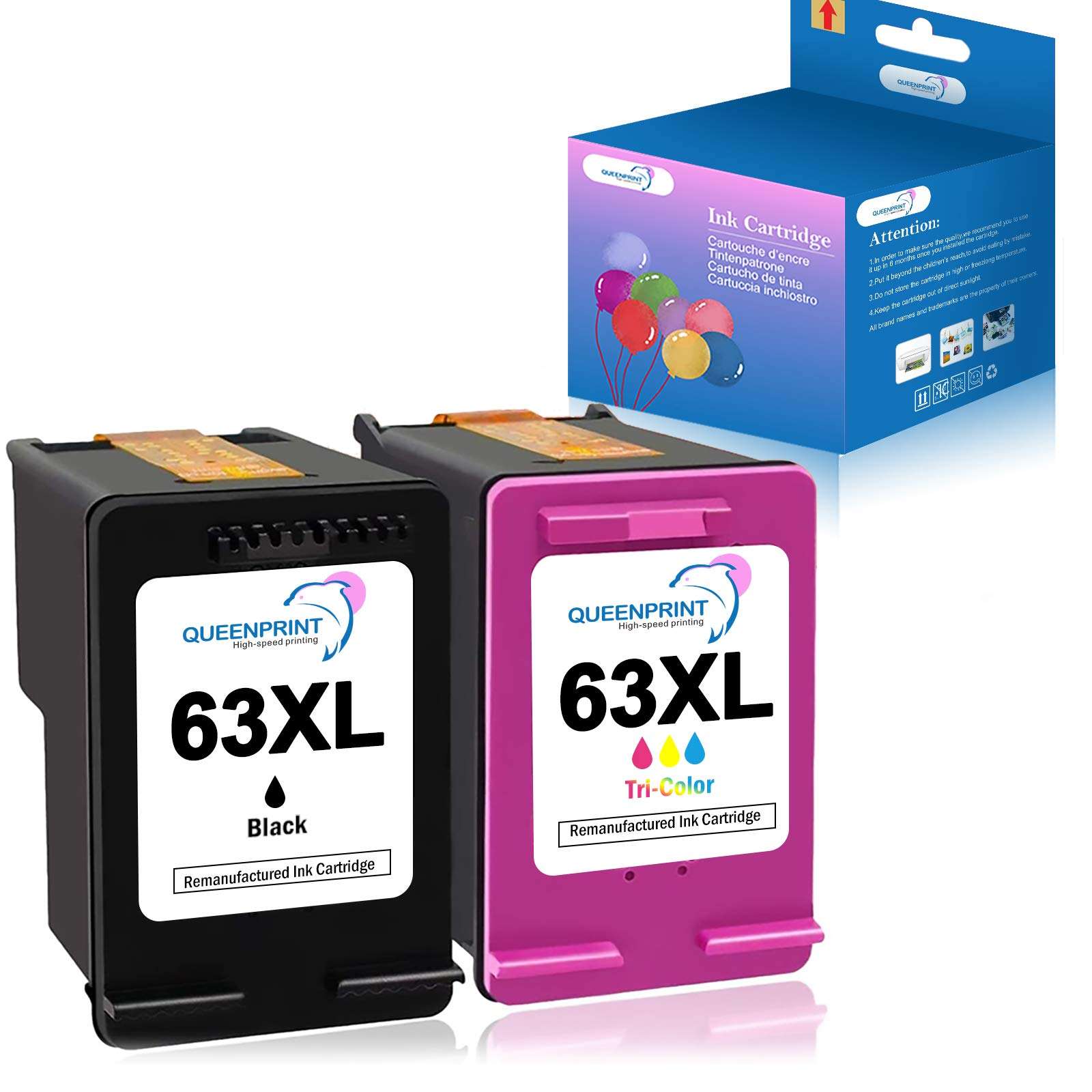 QUEENPRINT 63XL Ink Cartridge Combo Pack Replacement for HP 63 XL Inkjet Cartridge Black andColor for HP Printers 0fficeJet 3830 4650 5255 5258 Envy 4520 4512 Deskjet 1112 3634 3639 3632 1