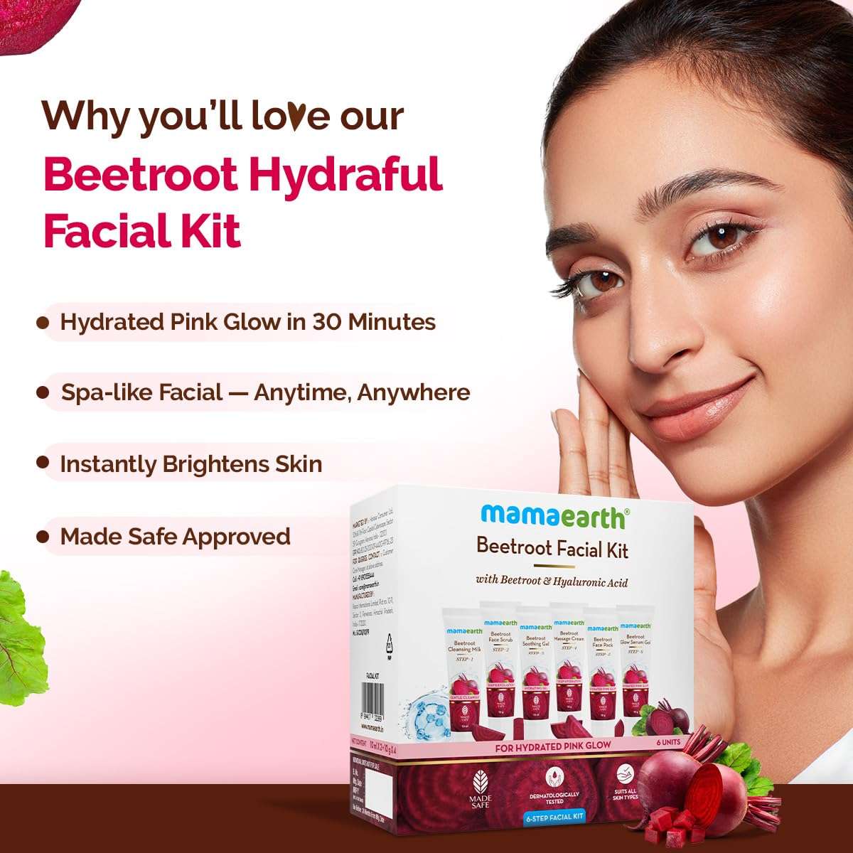 Mamaearth Beetroot Hydraful Facial Kit with Beetroot & Hyaluronic Acid - 2*10 ml + 4*10 g Hydrated Pink Glow in 30 Minutes | Spa-like Facial - Anytime, Anywhere | Instantly Brightens Skin | Made Safe 3
