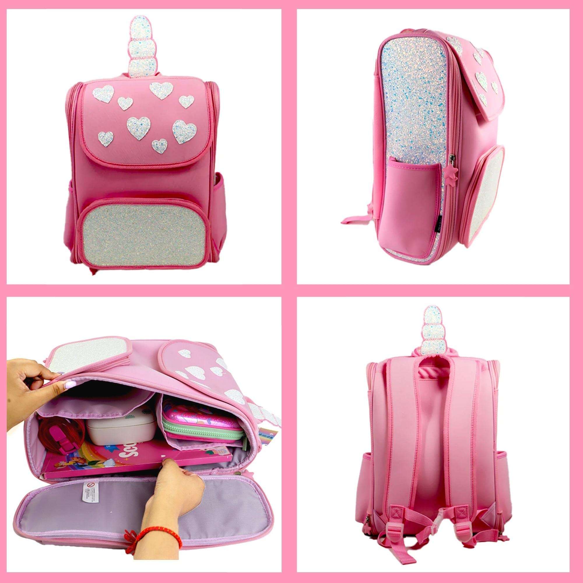 Heart to Heart Bag | Attached EVA Case | With Eye-Catchy Unicorn Pony | Heavenly Shimmery Design | Fits 16” Laptop | 14 L 3
