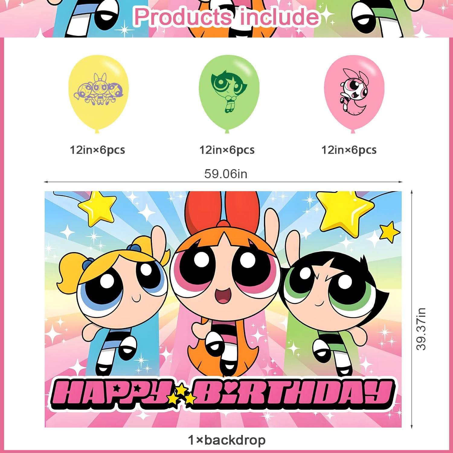 Power Girls Birthday Party Decoration,Power Girls Party Photo Background 5 x 3 FT and 18 Pcs Balloon,Merch Party Backdrop Supplies 3