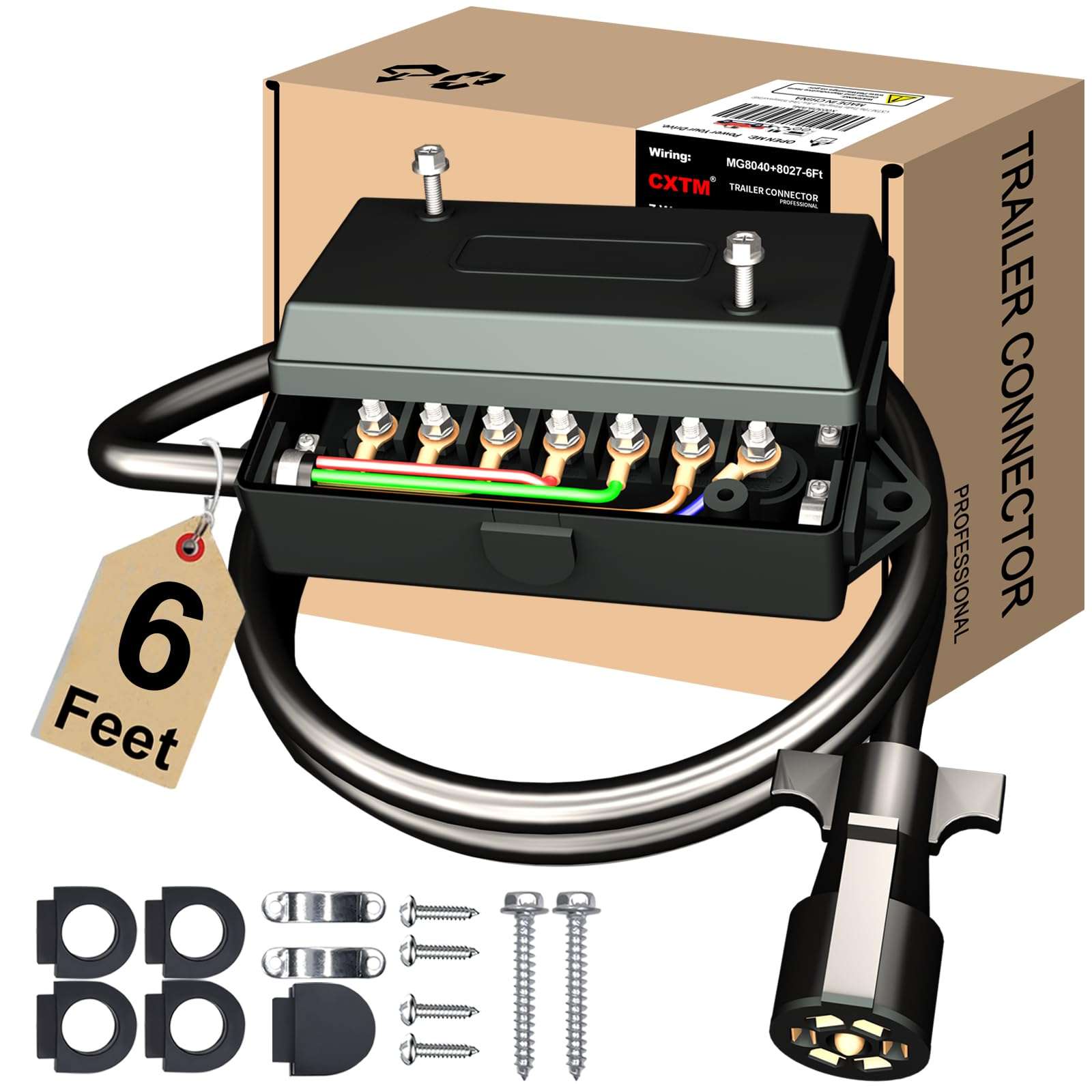 CXTM 7 Pin Trailer Wiring Harness with 7 Gang Junction Box - 6 Feet, Heavy Duty 7-Pin Trailer Cord Wire Cable, 7 Way Trailer Plug with Junction Box, Trailer Junction Box 7 Pole Waterproof (6ft) 1