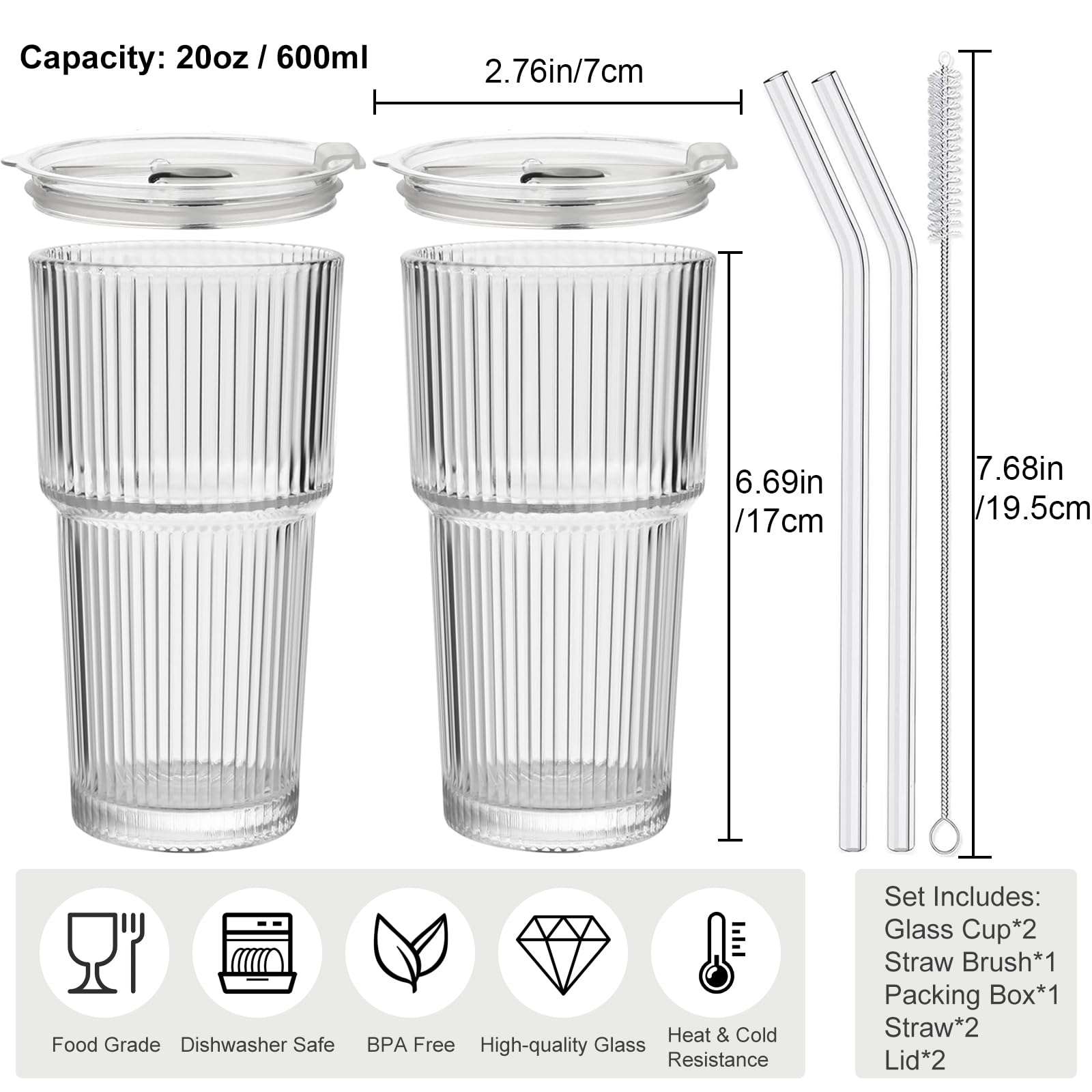 hosck 2 Pack Vertical Stripe Glass Cups, 20 OZ Clear Glass Tumbler with Lid & Straw, Iced Coffee Cup with Lids, Ice Matcha Cup, Dishwasher Safe Drinking Glasses for Coffee, Juice, Tea, Matcha 3