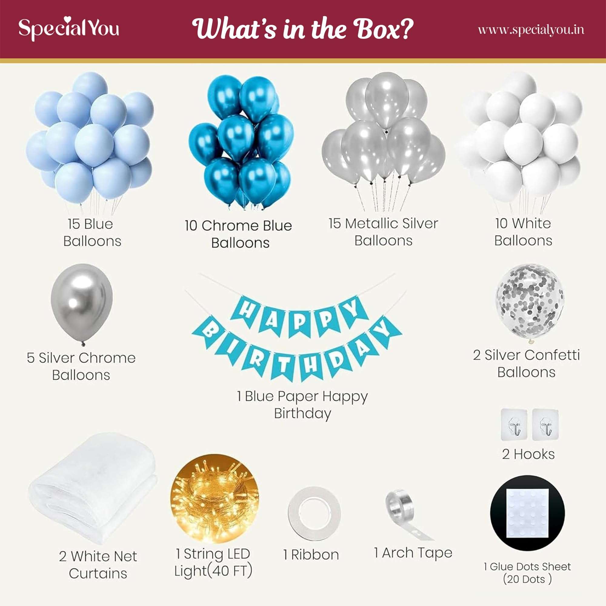 SpecialYou.in Birthday Decoration Kit for boys with white net curtain, Silver, White & blue Balloons, & Fairy LED lights(40Ft Long),1st birthday decoration items for baby boy, Birthday Decor- 66 pcs 3