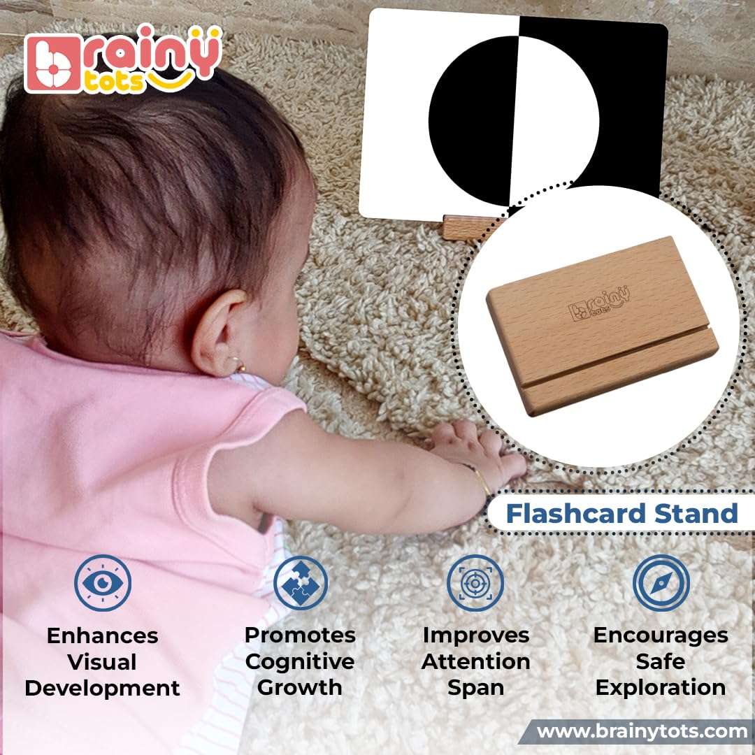 Brainytots Stable Flashcard Stands Set of 2 | Montessori Learning Tool | Enhances Visual & Cognitive Development | Anti-Topple Design | Easy-Swap Flashcard Holder | Natural Wood Display Multicolor 3