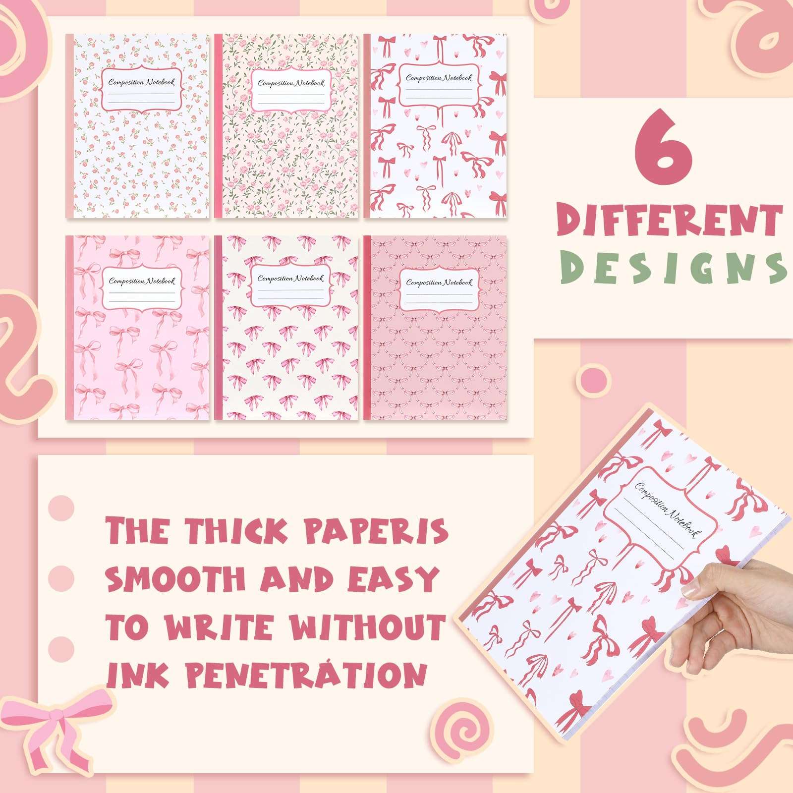 6 Pcs Bow Composition Notebooks Coquette Preppy Journal College Ruled Notebook Gift 110 Pages 9-3/4 x 7-1/2" Composition Notebooks for Mother's Day College Classroom Teacher Supplies(Pink,7" X 9") 4