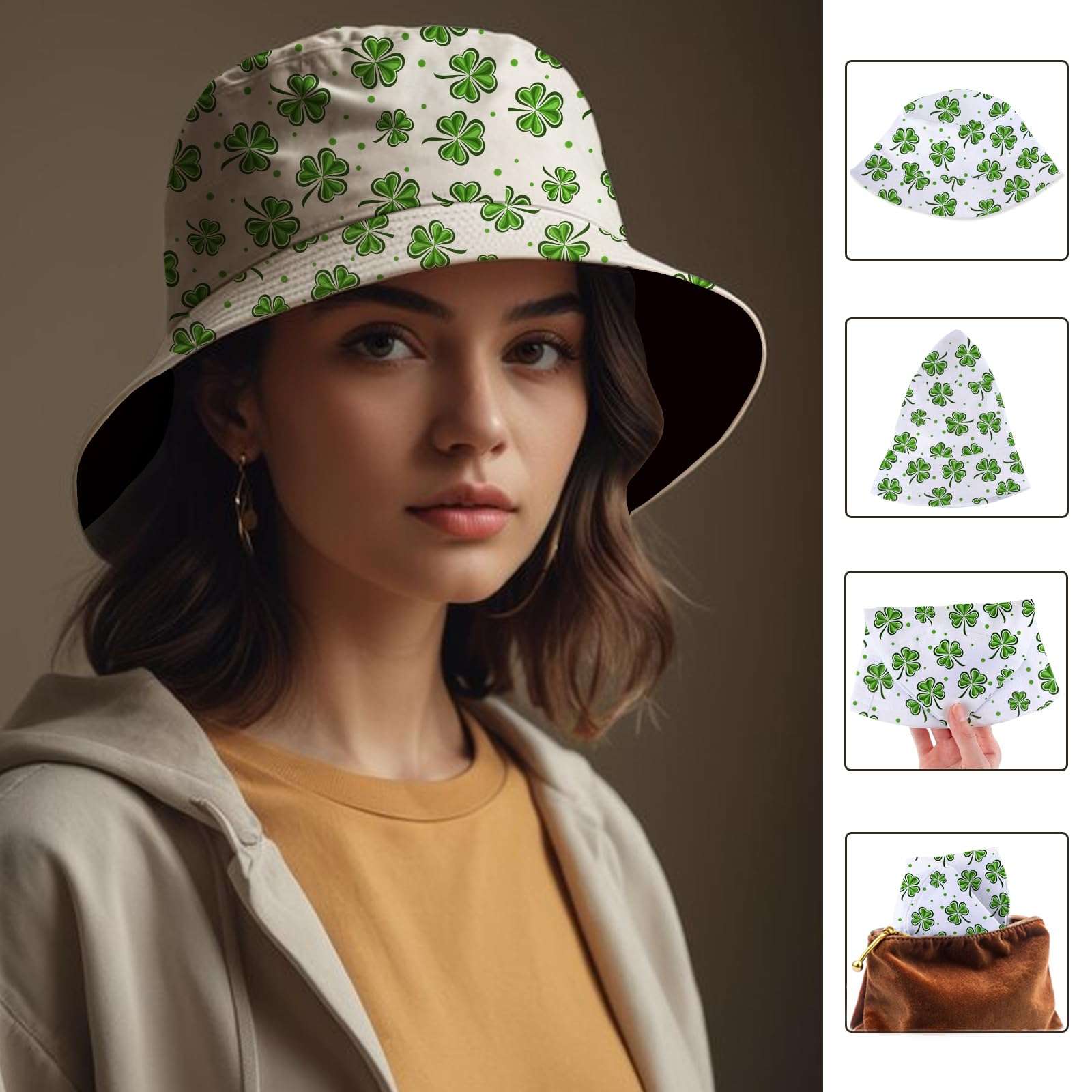 Rurymoe St Patricks Day Accessories Bucket Hat Unisex Sun Beach Bucket Hats for Women Men Packable Fisherman Hat Headwear Accessories (Green) 4