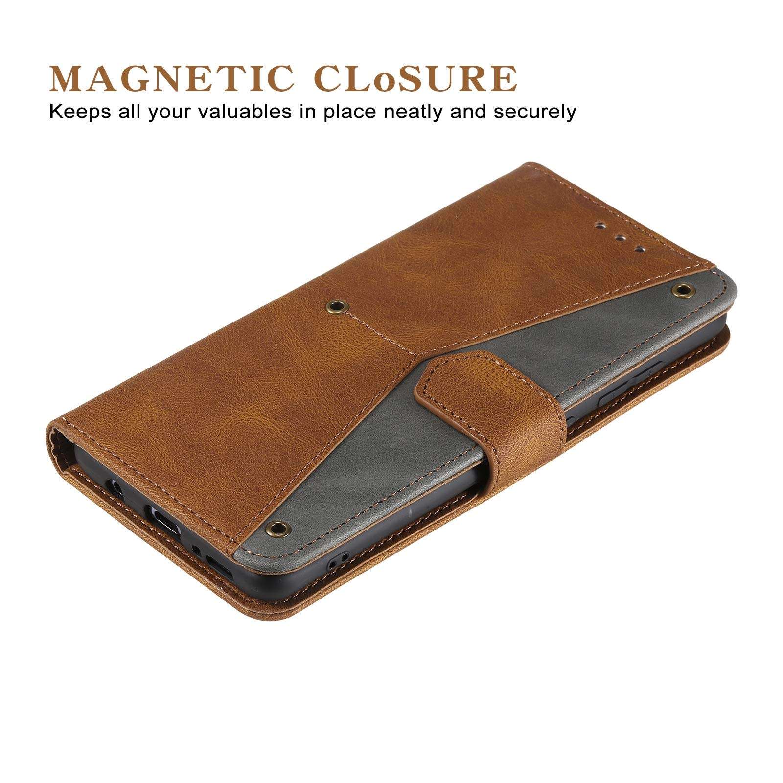 EYZUTAK Splicing PU Leather Case for Samsung Galaxy A51, Retro Vintage Durable Full Protection Premium Flip Folio Wallet Cover with Magnetic Closure Kickstand Card Slots - Brown 2