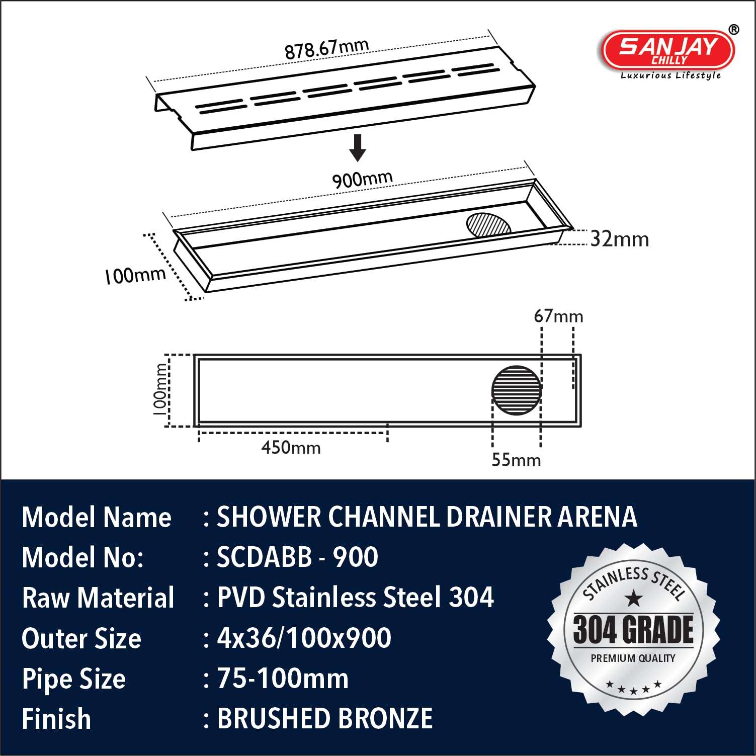 SANJAY CHILLY Arena Shower Channel Drainer SS Floor Drain Channel 304 Grade Cockroach Trap with Collar Colour COLECTION Luxurious Bathroom GRATINGS (Side Hole - Brushed Bronze - 36x4 INCH) 4