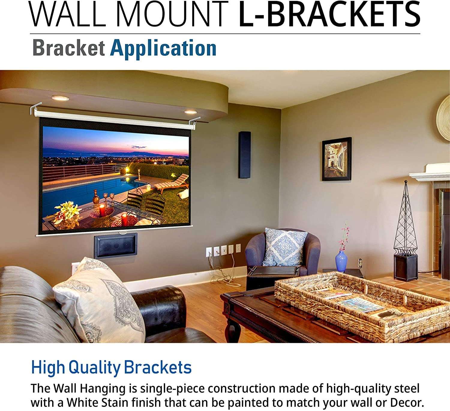 Akia Screens 10 inch Universal Projector Screen L-Bracket Wall Hanging Mount Kit 10" Adjustable Extension with Hook for Projector Screen Indoor Outdoor Movie Video Home Theater, White, AK-ZLB10W 6