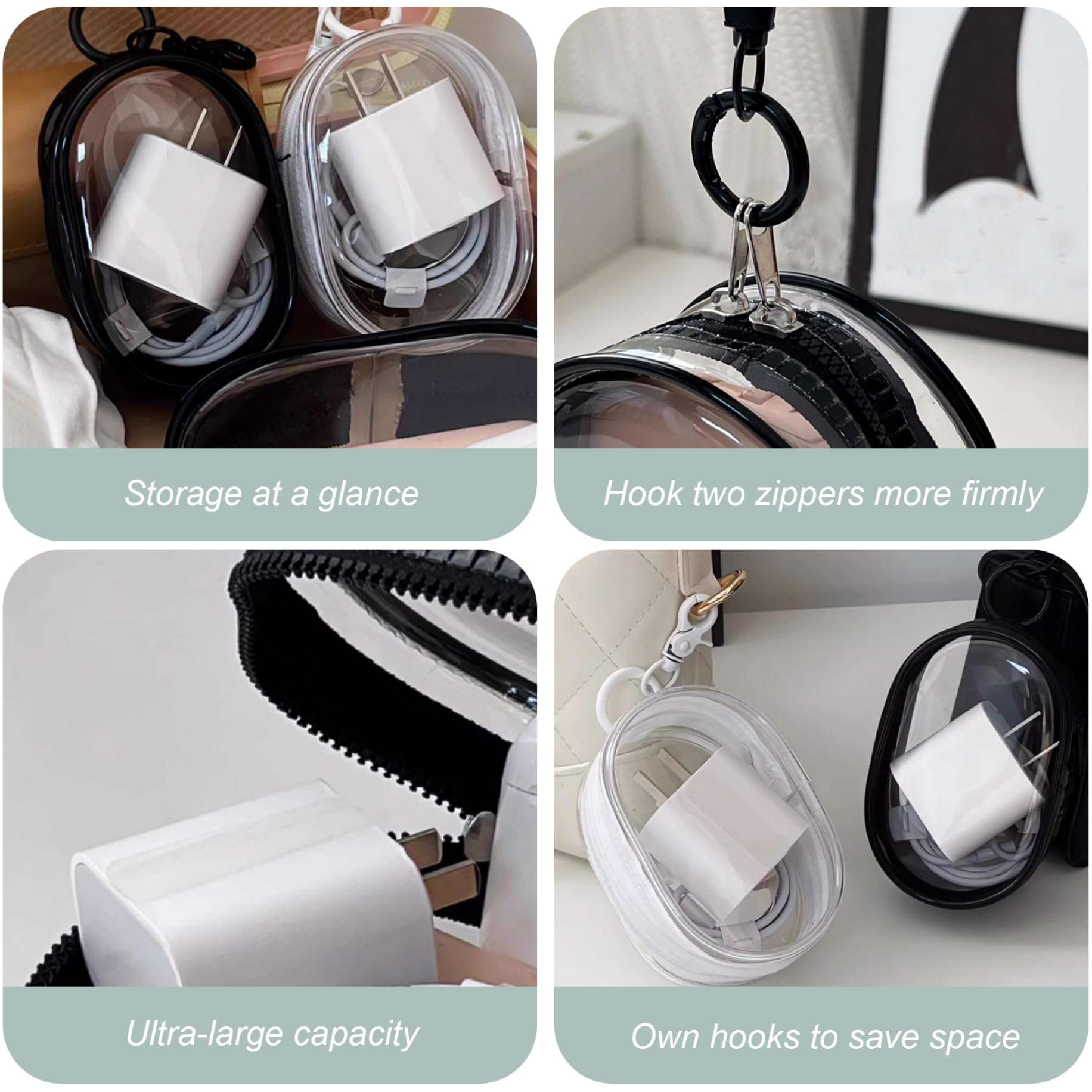 2 Pcs Cable Storage Case Portable Hanging Transparent Headphone Case Zipper Closure Visible Minimalist Earphone Case for USB Flash Drive,Keys, Mini Lipstick, Earbuds (Black, White), Earphone Case 4