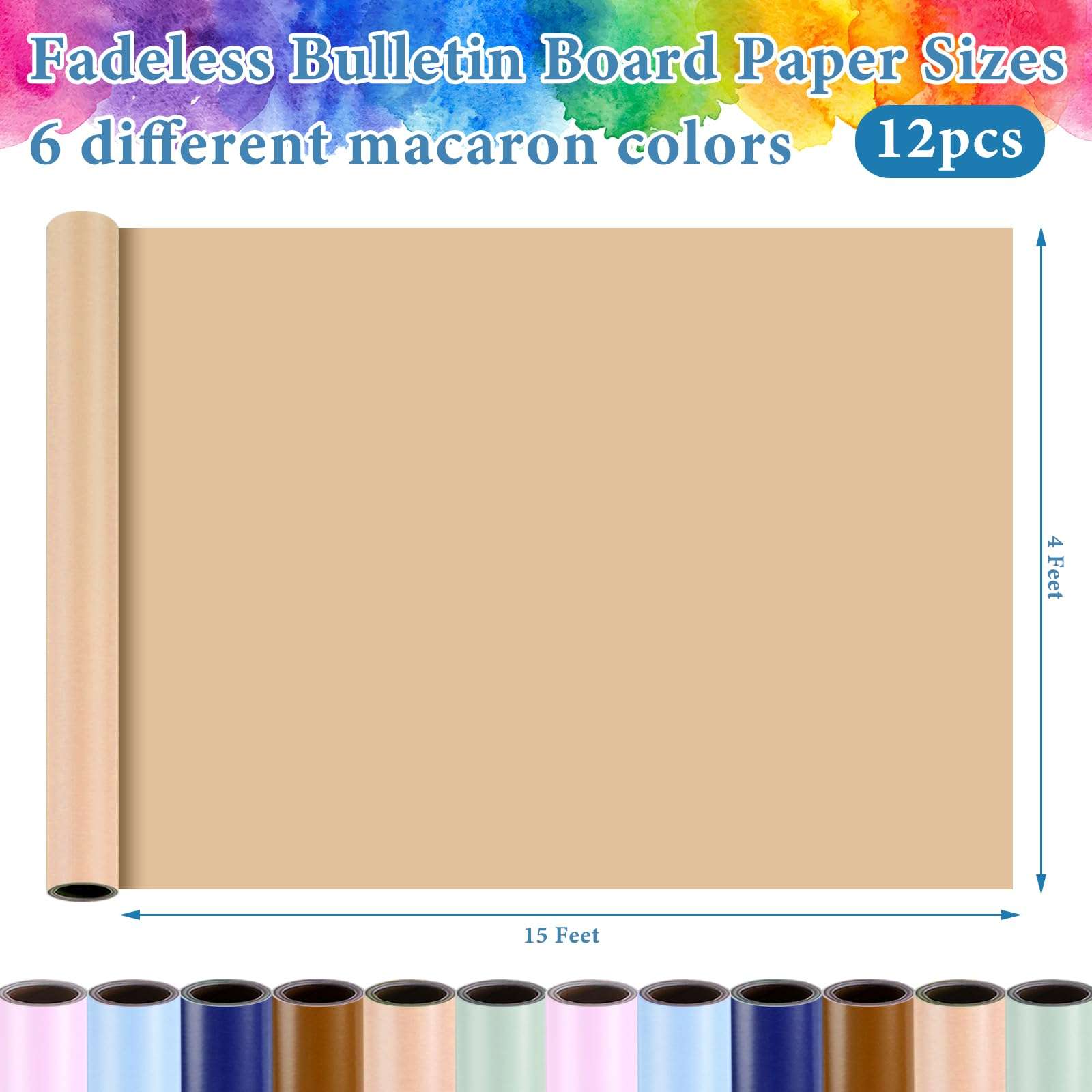 Estune 12 Rolls Bulletin Board Paper 4 x 15ft Fade Resistant Bulletin Board Paper Assorted Color Paper Roll for Classroom Arts Crafts Drawing Painting Decoration (Light Color) 3