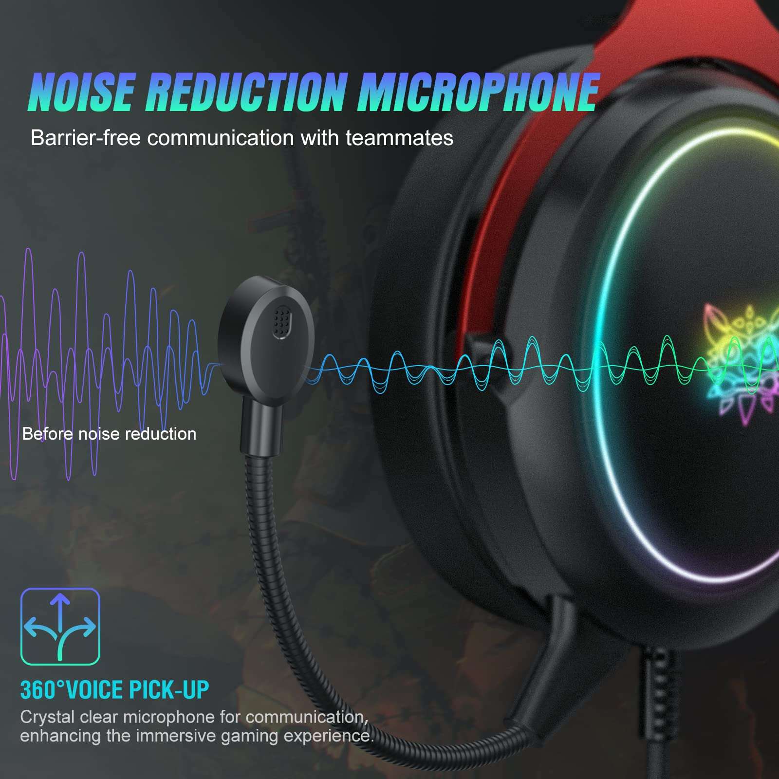 Ajsaki PS5 Gaming Headset with Microphone, PC Headset with Detachable Mic, Noise Cancelling Over-Ear Gaming Headphones with RGB LED Light, 7.1 Surround Sound for Nintendo Xbox One PS4 PS5 (Red) 3