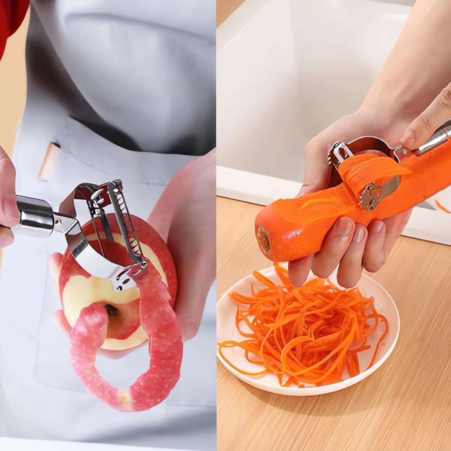 BARASTI 2 in 1 Peeler Julienne for Salad, Potato Peeler, Vegetable Slicer, Multi-Functional, Fruit Slicer, Adjustable Veggie Shredder, Kitchen Noodle Cutter, Stainless Steel (Medium) 5