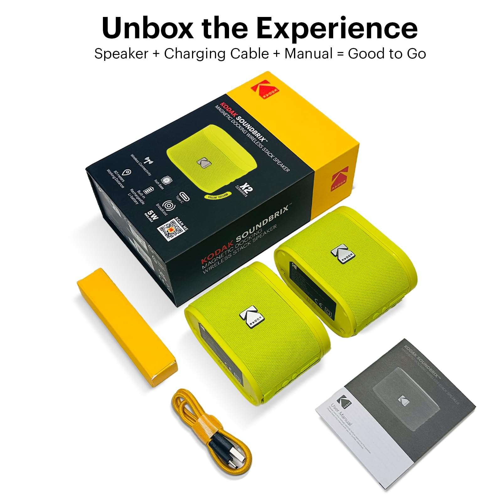 KODAK SOUNDBRIX™ Bluetooth Speaker with HD Sound Portable Wireless IPX4 Water Resistant Upto 5H Playtime V5.4 for Home Party Outdoor Beach Electronic Gadgets Birthday Gift Yellow Stackable Speakers 6