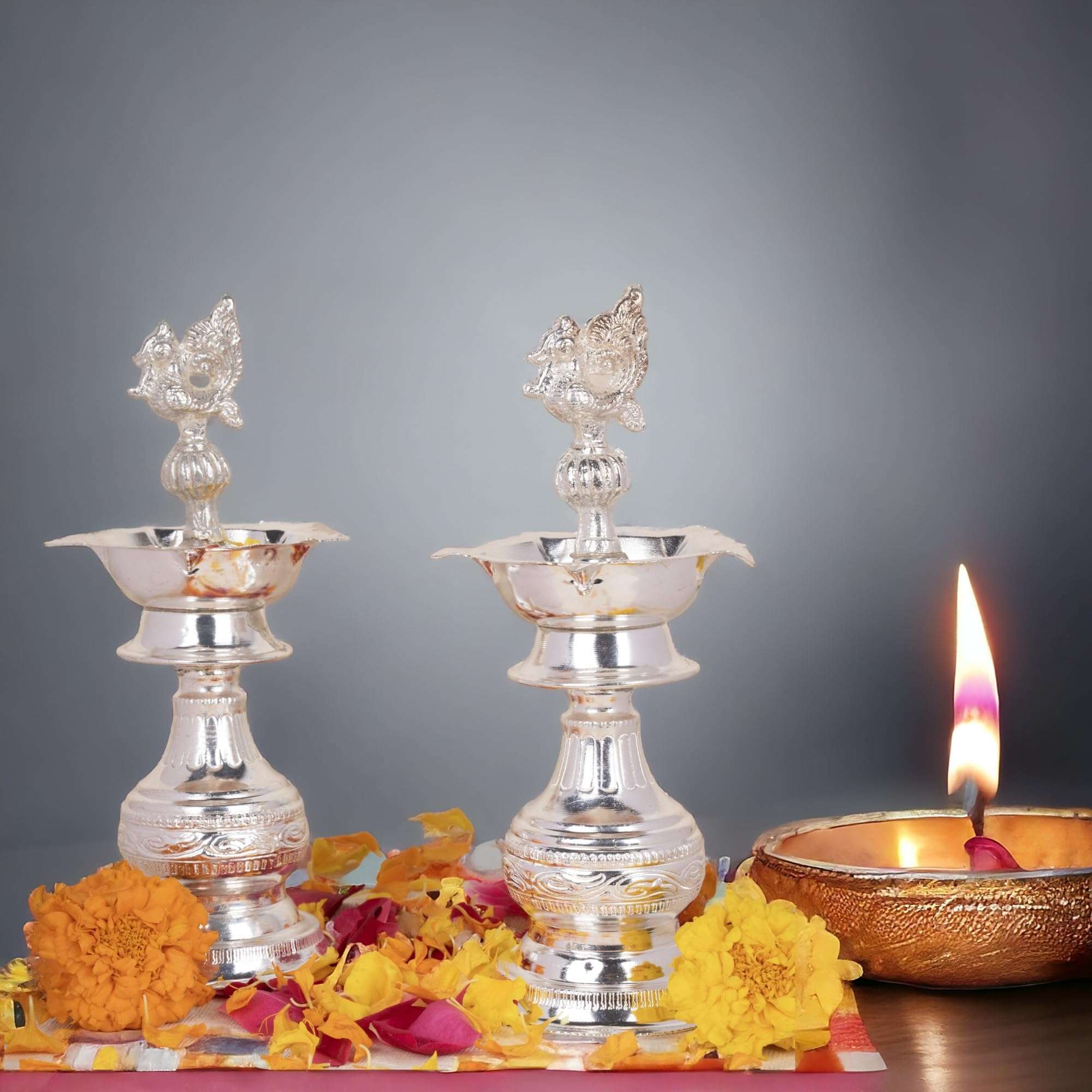Sigaram 8 Inch Peacock Handle Pure German Silver Diya Lamp Deepam for Home Puja Decor K4240 1