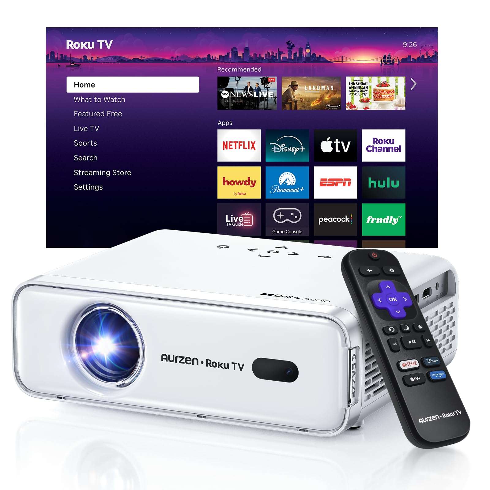 Aurzen Roku TV Smart Projector with Wifi and Bluetooth, Roku Streaming Experience Built-in, 1080P FHD, Dolby Audio, Auto Focus & Keystone, Zoom, Movie Portable Outdoor Mini Projector, White 2