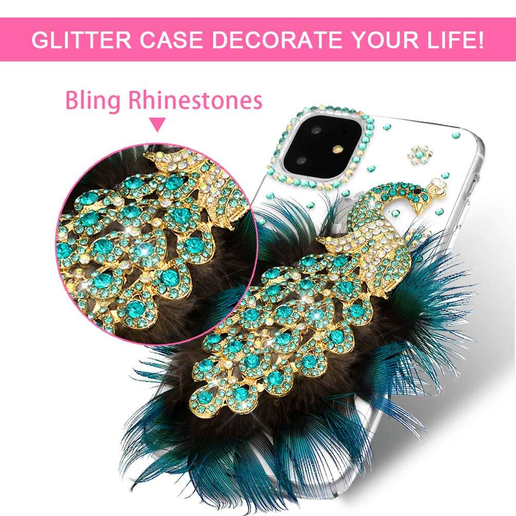Mavis's Diary iPhone 11 Case 3D Handmade Luxury Peacock with Green Blue Feather and Shiny Bling Glitter Sparkly Diamond Glitter Rhinestones Gems Crystal Clear Hard Back Case Cover 5
