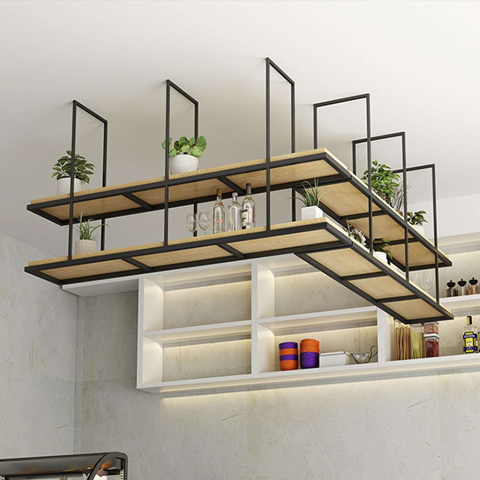 GFRWKCEX Wine Rack Flower Plant Hanging Stand - Metal Iron Ceiling Display Shelf, 2 Tier Floating Decorations Holder, Bar Counter Decor Shelving(110x30x80cm) 5