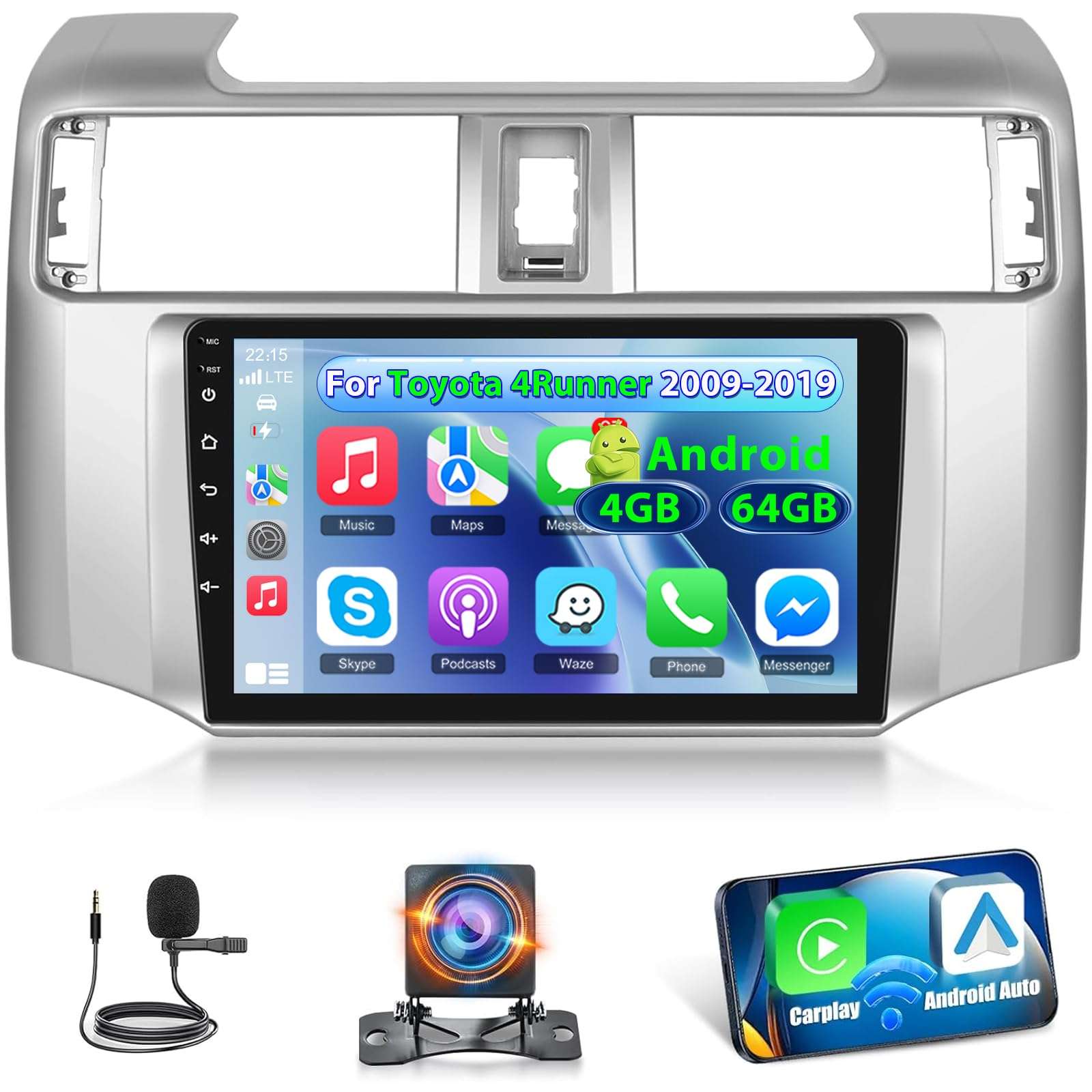 [4+64G] NHOPEEW for Toyota 4Runner Car Radio 2009-2019 with Wireless Carplay and Android Auto - 9 Inch Touchscreen Android Car Stereo - GPS/EQ Audio/WiFi/SWC/Mirror Link + AHD Backup Camera 1