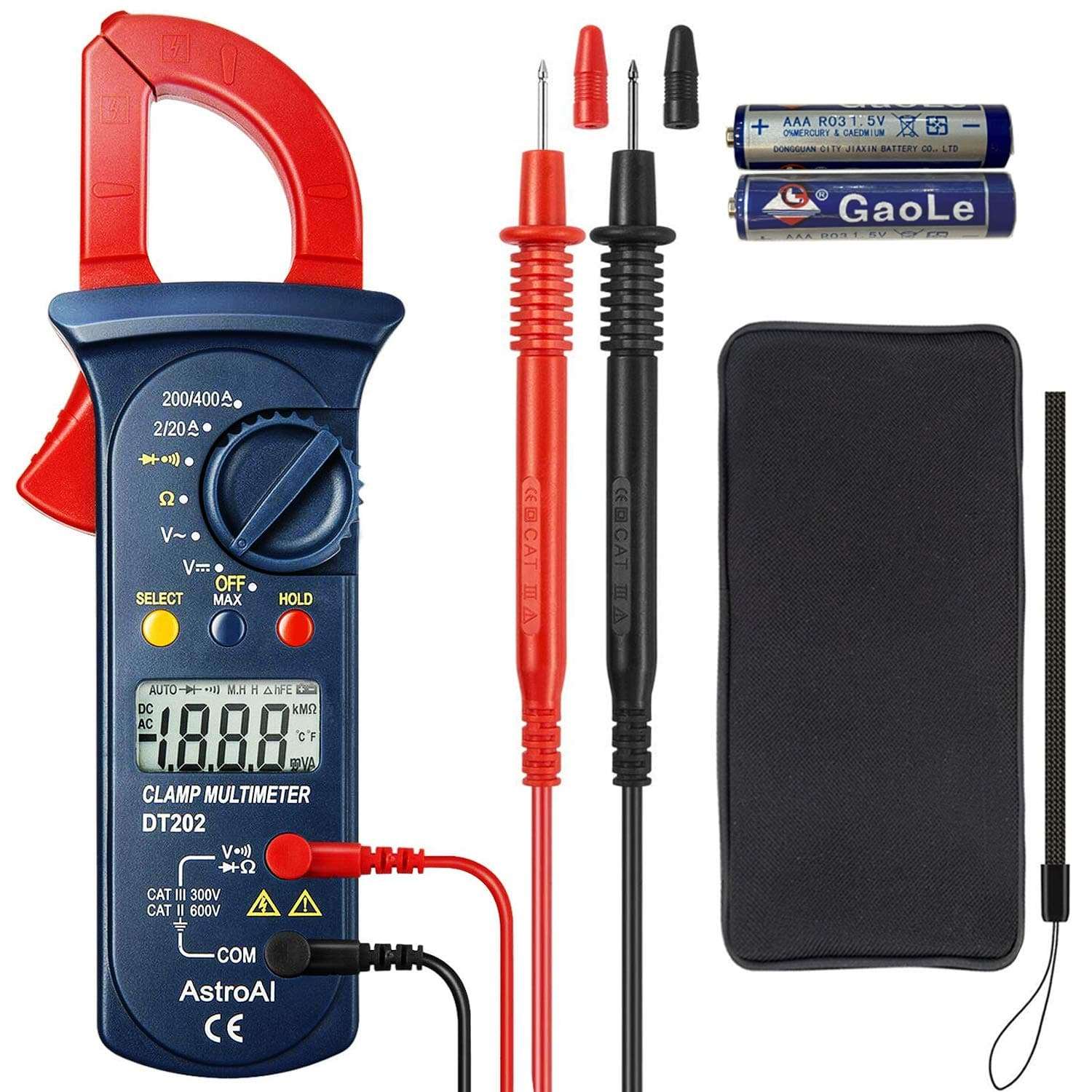 AstroAI Digital Clamp Meter 2000 Counts + AstroAI 8Pcs Multimeter Test Leads Set with Alligator Clips 2