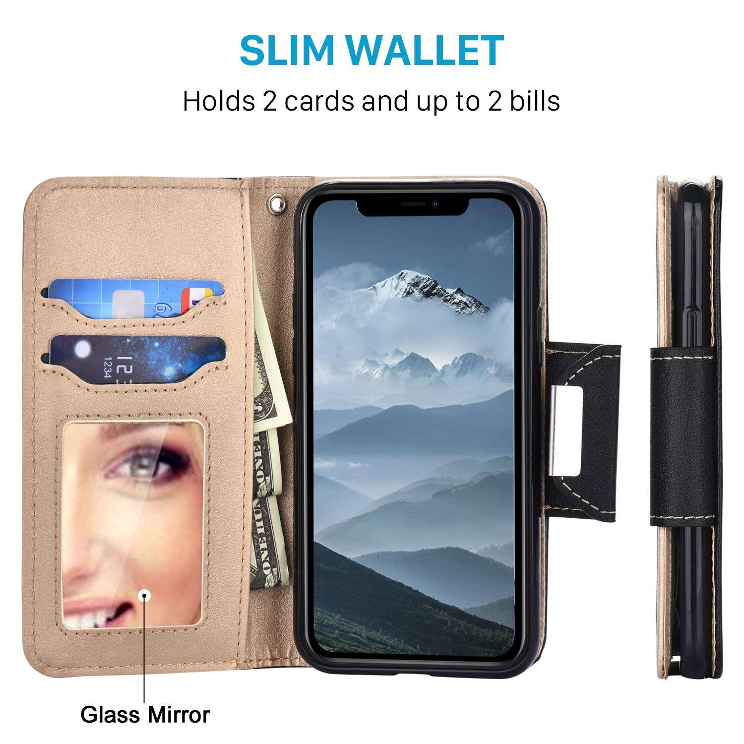 WORLDMOM for iPhone 11 Case,for iPhone 11 Wallet Case with Mirror Stand Credit Card,Double Color Style Faux Leather Slot Flip Cover Case Compatible with iPhone 11 6.1 Inch, Black 3