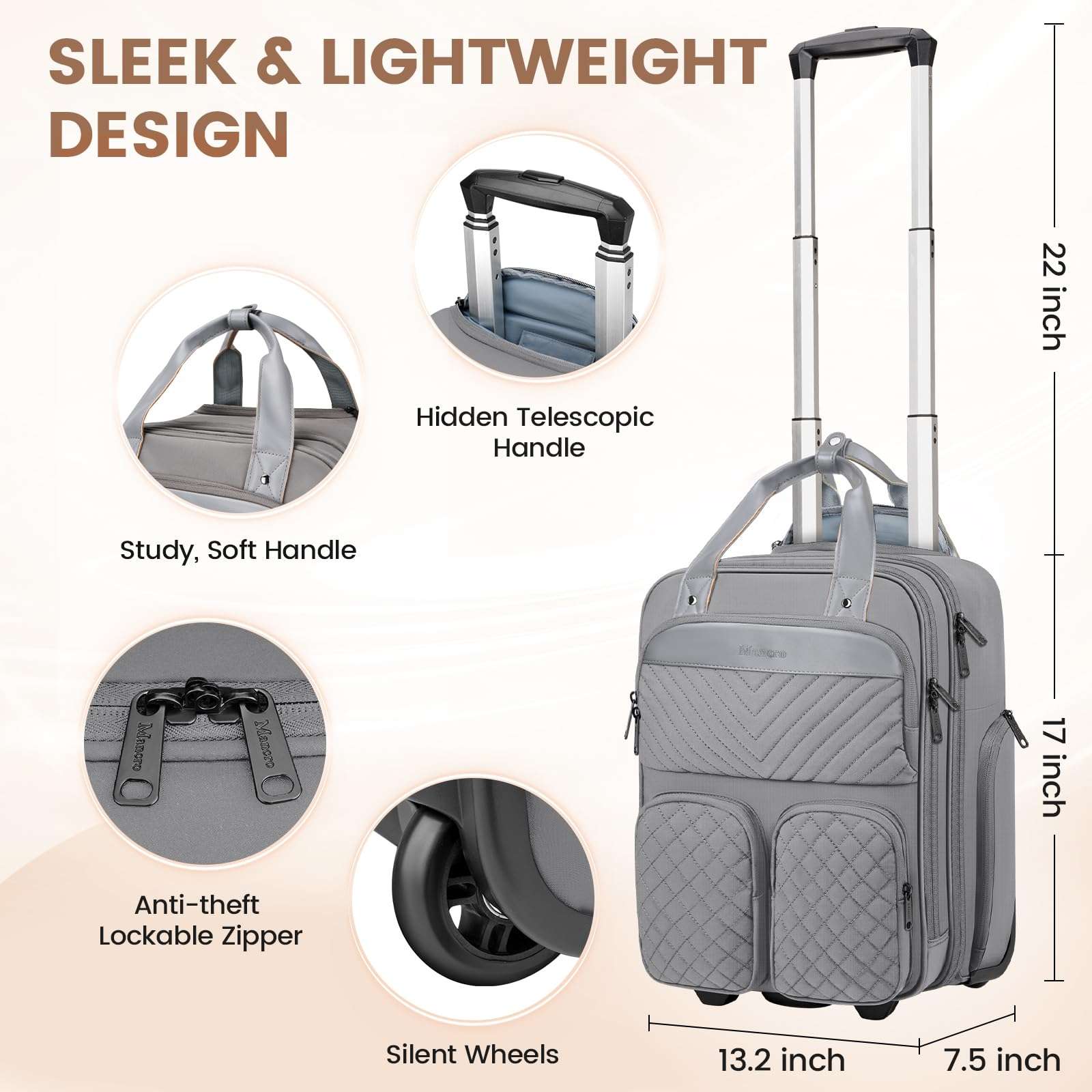 Mancro 15.6 Inch Travel Laptop Backpack with USB Charging Port Grey, Undersent Carry On Luggage with Wheels Rolling Bag for Travel, Business 6