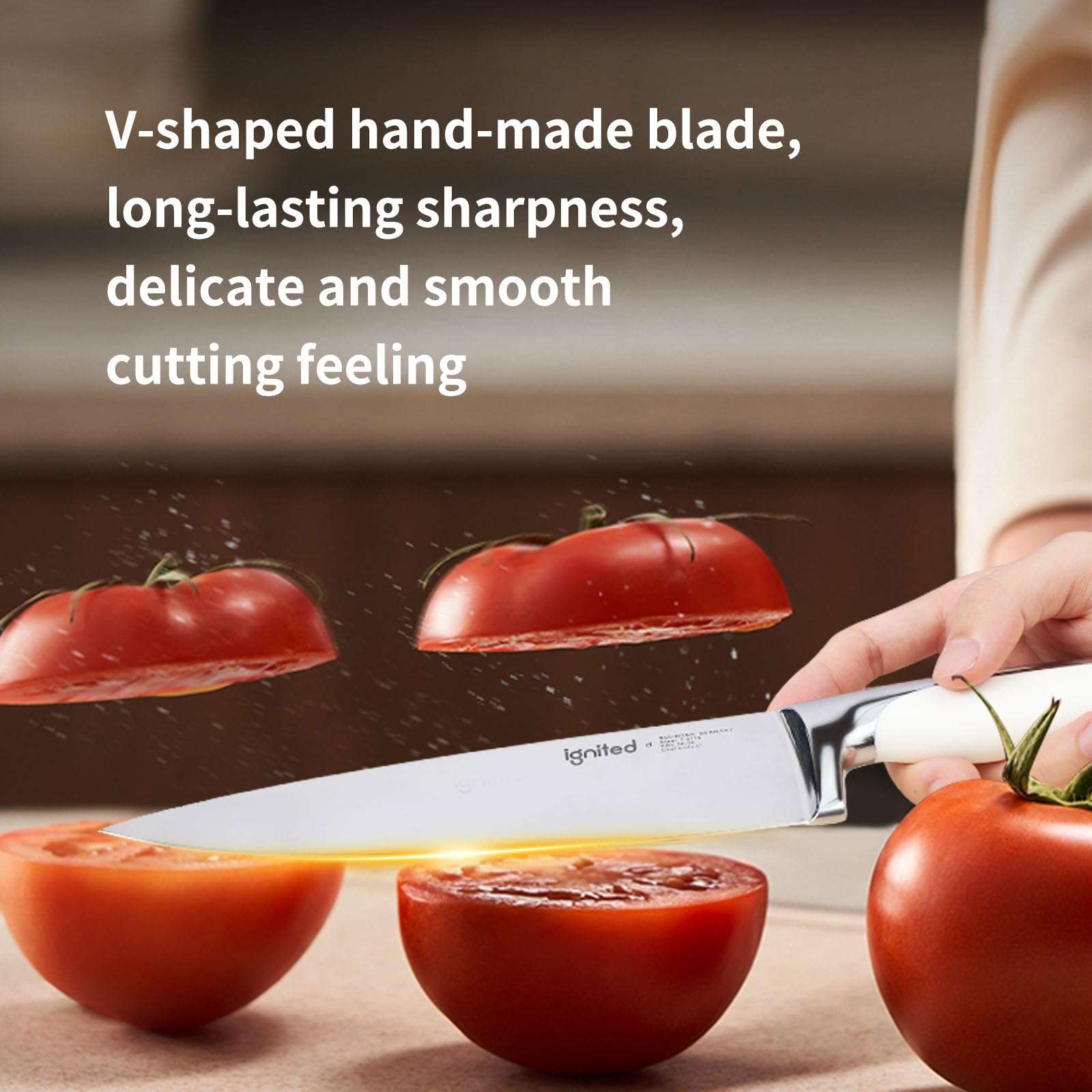 IGNITED CUTLERY 8 inch Mirror Polished Chef Knife, German 1.4116 High Carbon Stainless Steel Chefs Knife with White ABS & Stainless Steel Handle, Razor Sharp Kitchen Knife for Home & Restaurant 5