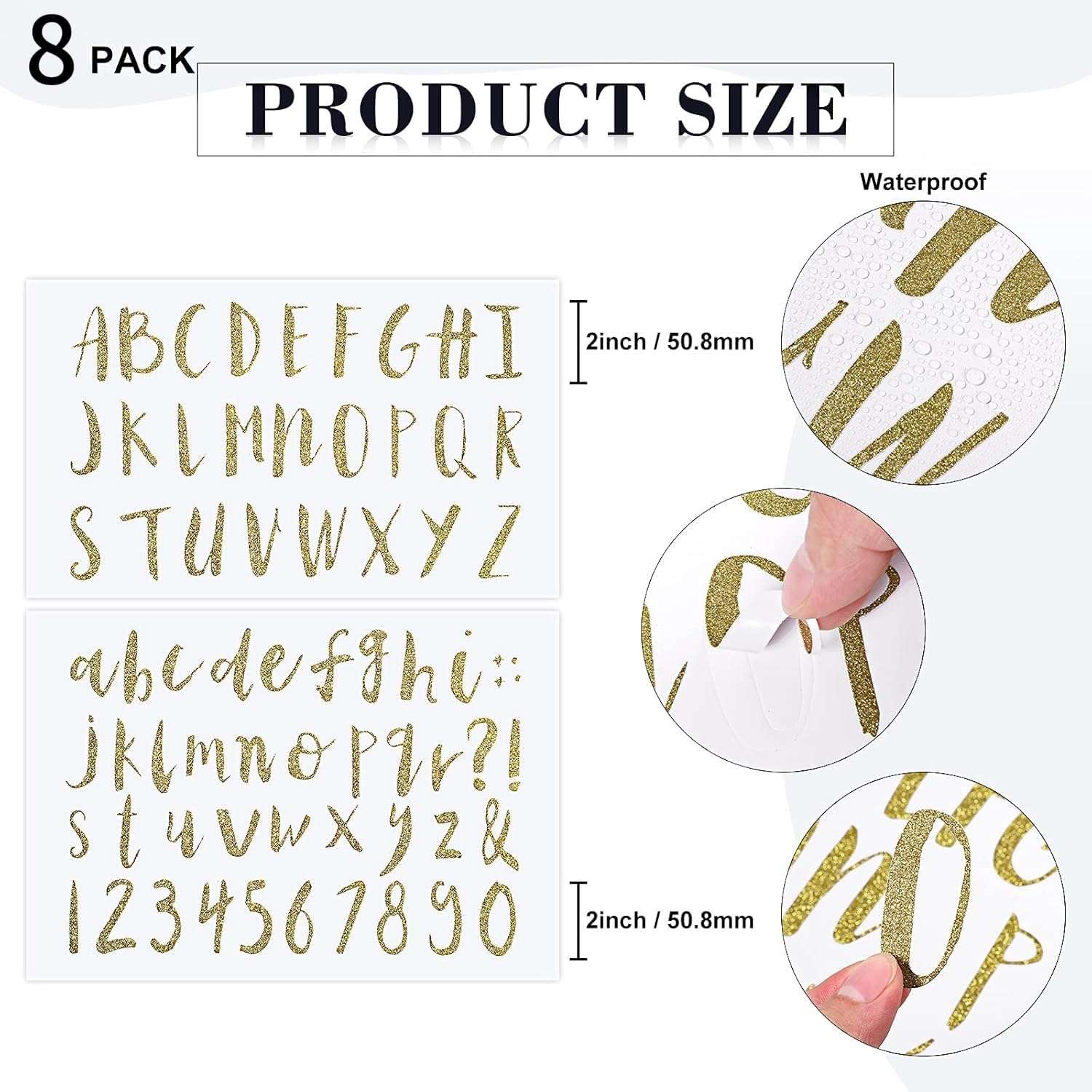 8 Sheets Vinyl Cursive Letter Alphabet Number Stickers Christmas Self Adhesive Letters Sticker for Scrapbooking Signs Containers Jar Labels Classroom Decor Door Decals(2 Inch,Gold) 3
