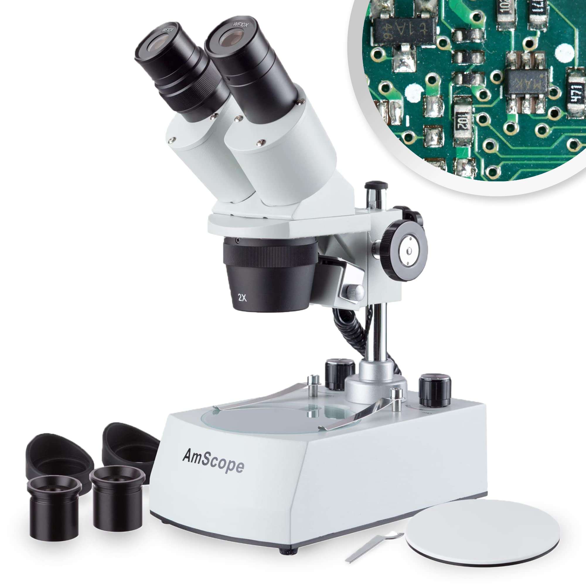 AmScope SE306R-P-LED Forward-Mounted Binocular Stereo Microscope, WF10x Eyepieces, 20X and 40X Magnification, 2X and 4X Objectives, Upper and Lower LED Lighting, Reversible Black/White Stage Plate, Pillar Stand, 120V or Battery-Powered 1