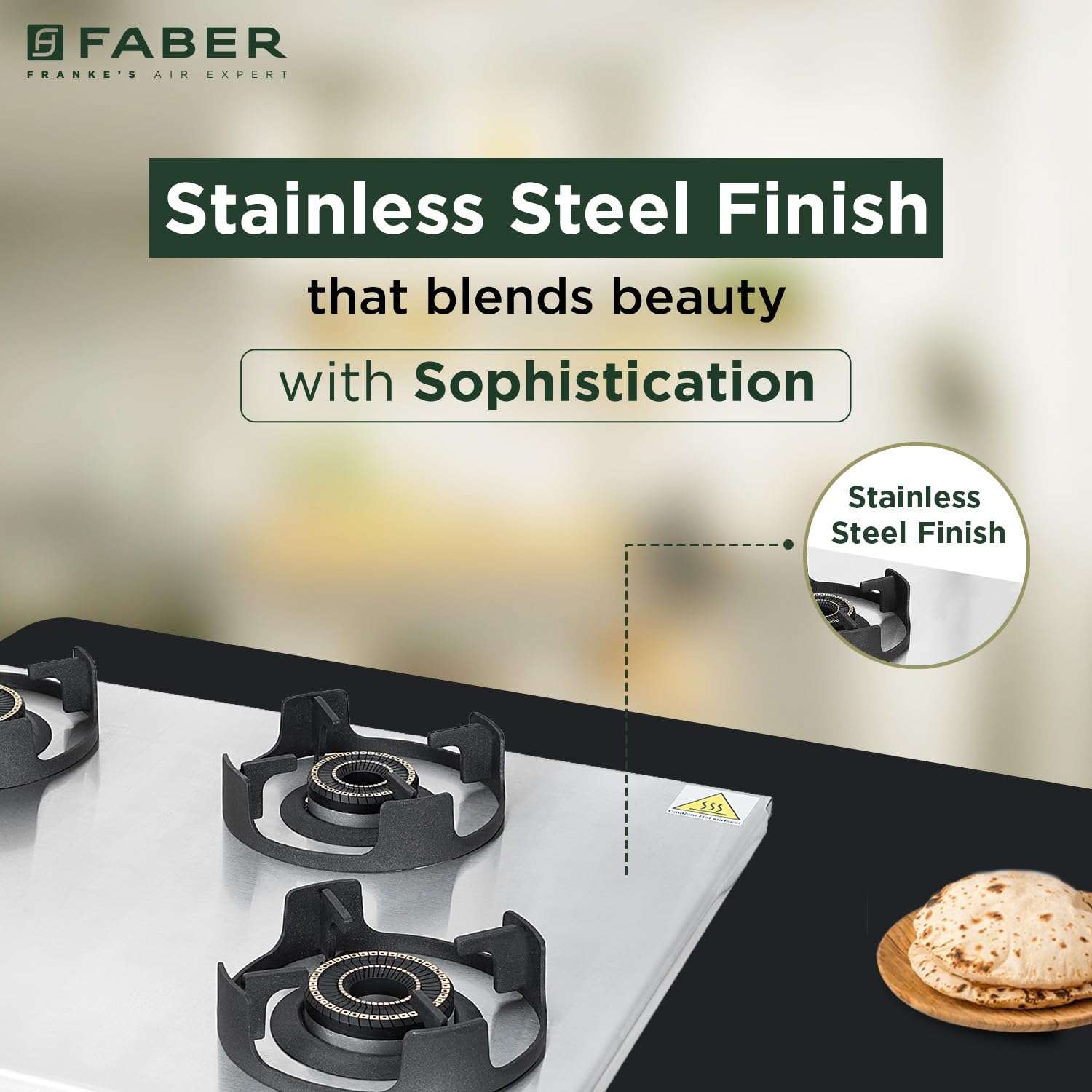 Faber Ember Stainless Steel Cooktop | 4 Brass Burners (Jumbo, 2Medium & Small |Manual Ignition | Diamond-Coated Pan Support |Cooktop Ember 4BB SS CI (4 Burner) 6