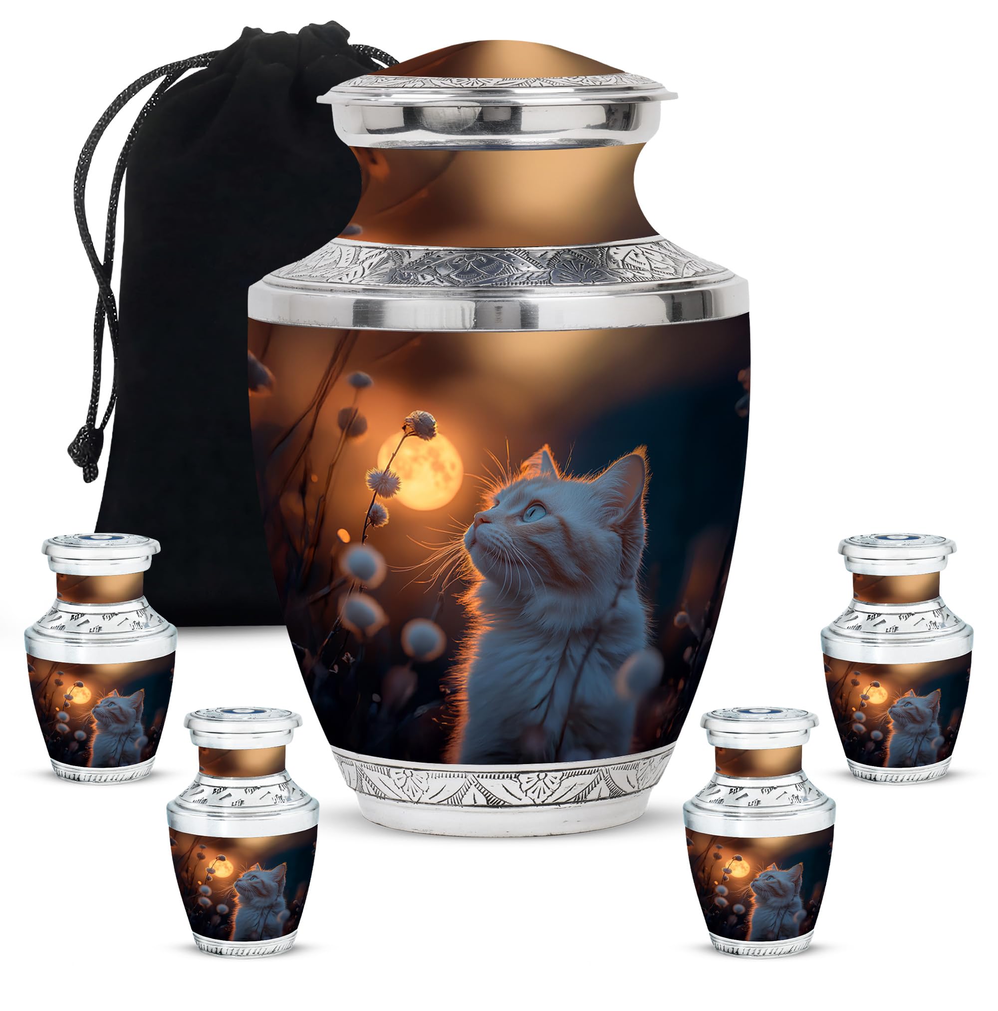 Cat Urn, Tribute Vessels for Loved Ones, Remembrance Jar for Ashes, Mini Memorial Containers, Decorative Canisters for Women, Funeral Keepsake Holder (Size - 10inch 1Pcs, 3inch 4Pcs)